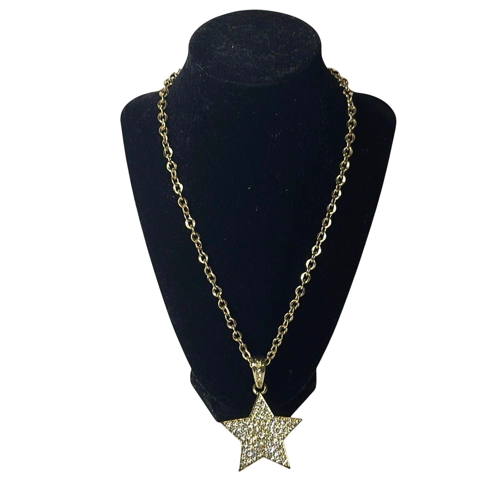 Signed FL&B Gold Tone Rhinestone Star Pendant Necklace Y2K Glam Adjustable