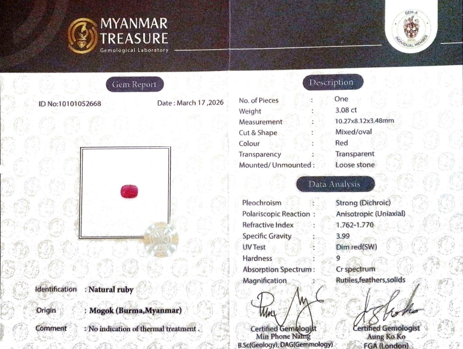 3.08ct. GIA Loose Burmese Ruby Natural (No Heat Treatment) GIA Certified