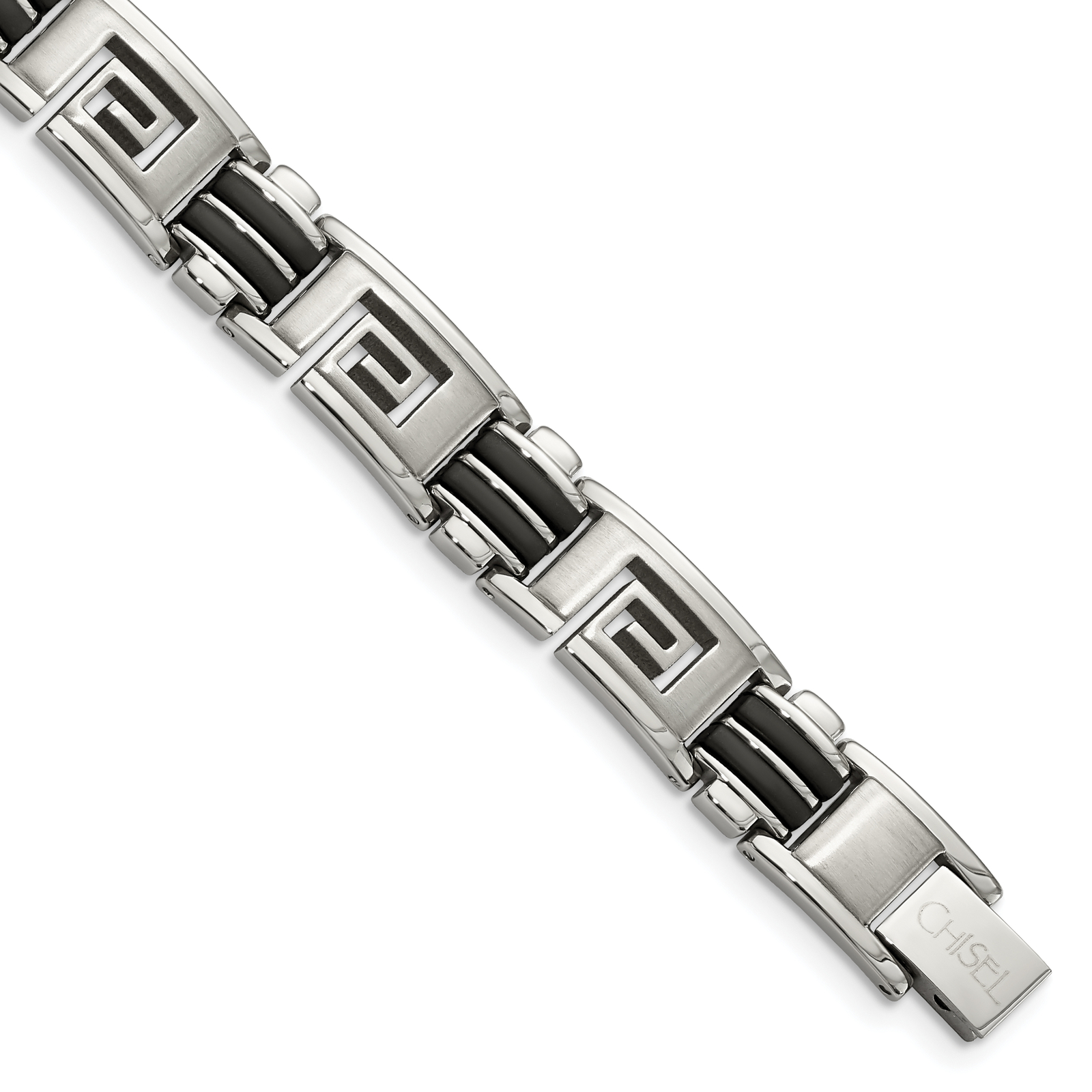Chisel Stainless Steel Brushed and Polished Black Rubber Inlay Greek Key 8.5 inc