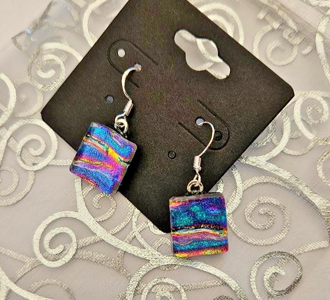 Handcrafted Gold/Blue/Pink Fused Dichroic Glass Earrings/Sterling Silver