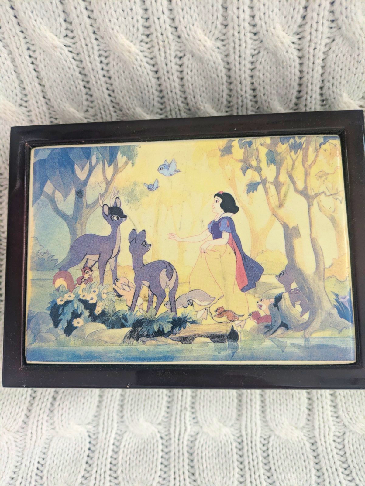 Black Wooden Lined Rectangular Jewelry Box Snow White Theme for Ring/Earring