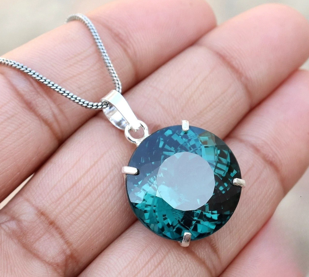 Natural Certified 28 Ct Teal BLUE Sapphire Gemstone Sterling Sliver Pendant