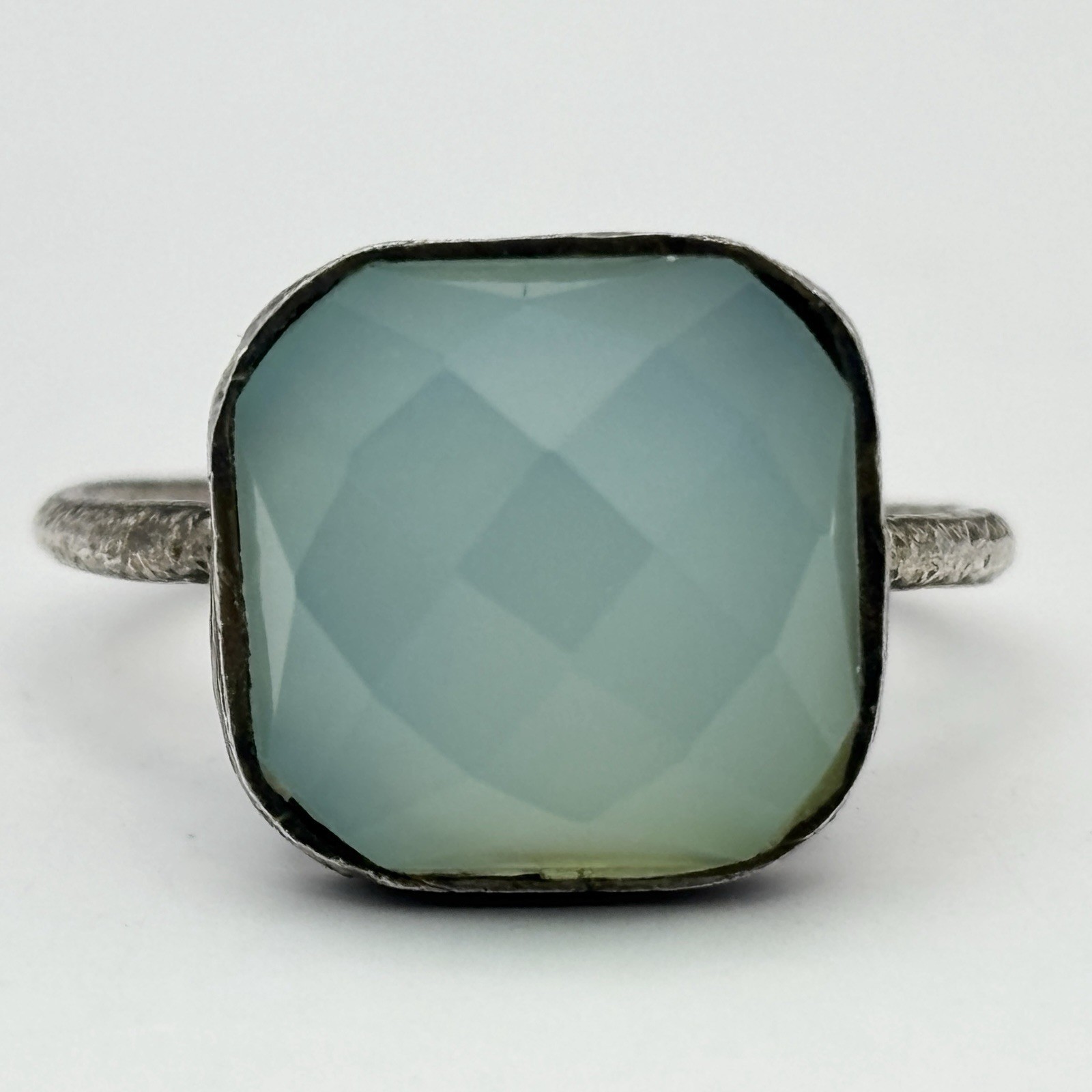 Sterling Silver Aqua Chalcedony Ring Size 6.5 Hammered Textured Cocktail Stone