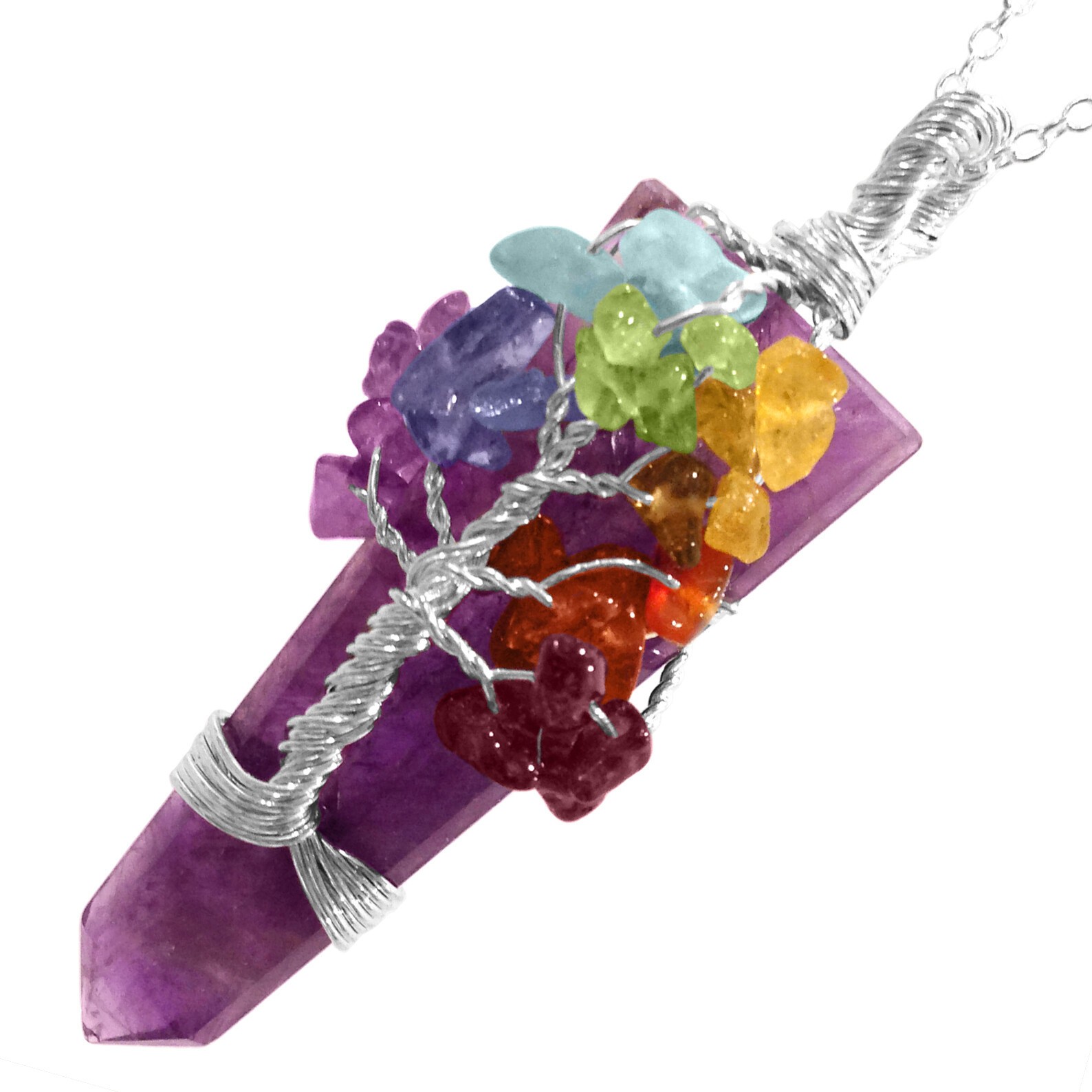 Wire Wrap Pendant Amethyst Crystal Pendant Tree Life 7 Chakra Gemstone Necklace