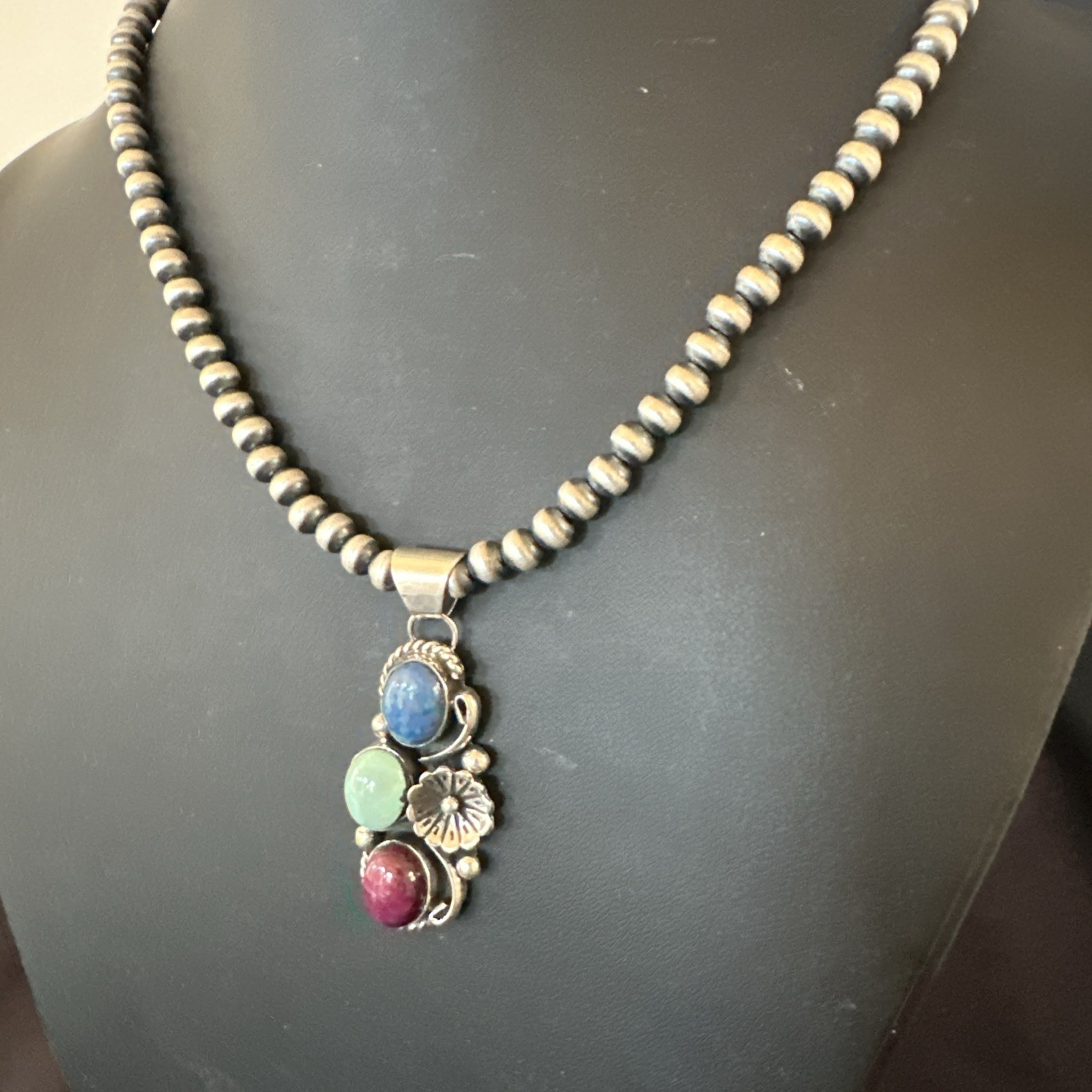 Multicolor Turquoise Spiny Navajo Sterling Silver Cluster Pendant Necklace 19313
