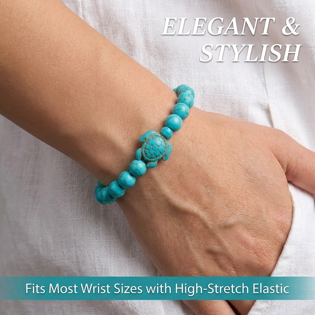 Natural Turquoise with Turtle Pendant—Stretchable Protective Bracelet for Women
