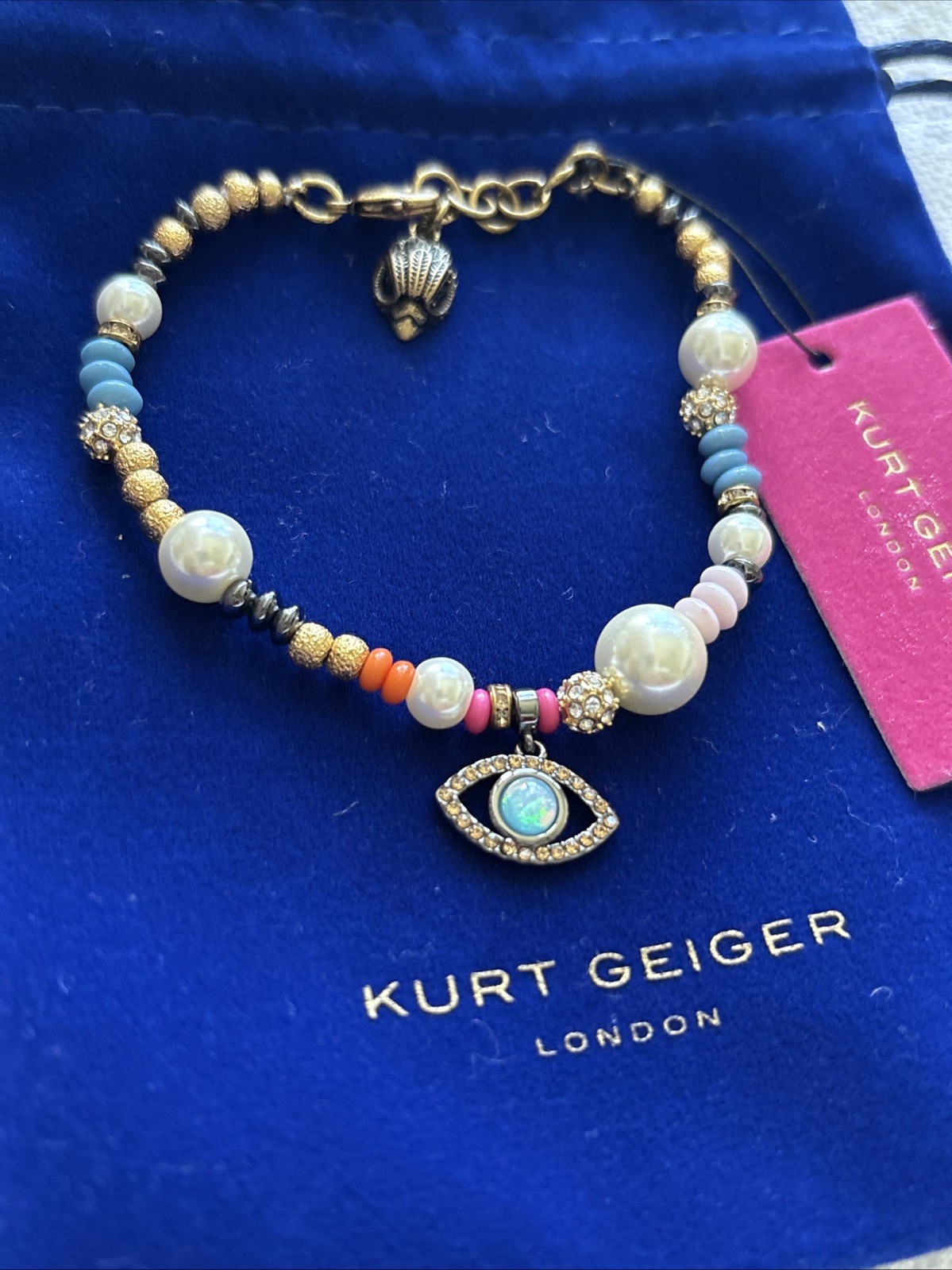 Kurt Geiger LondonBoho Evil Eye Charm Pearl Strand Line Bracelet Multi Color New