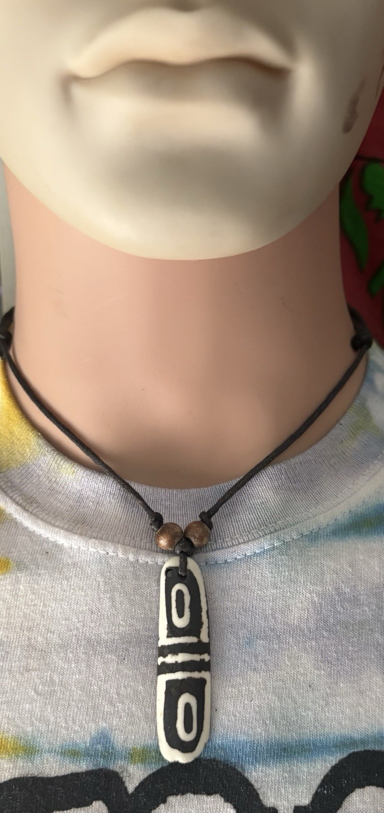 Rectangle Pendant Necklace Black Cord Black White Brown Beaded Adjustable Tie