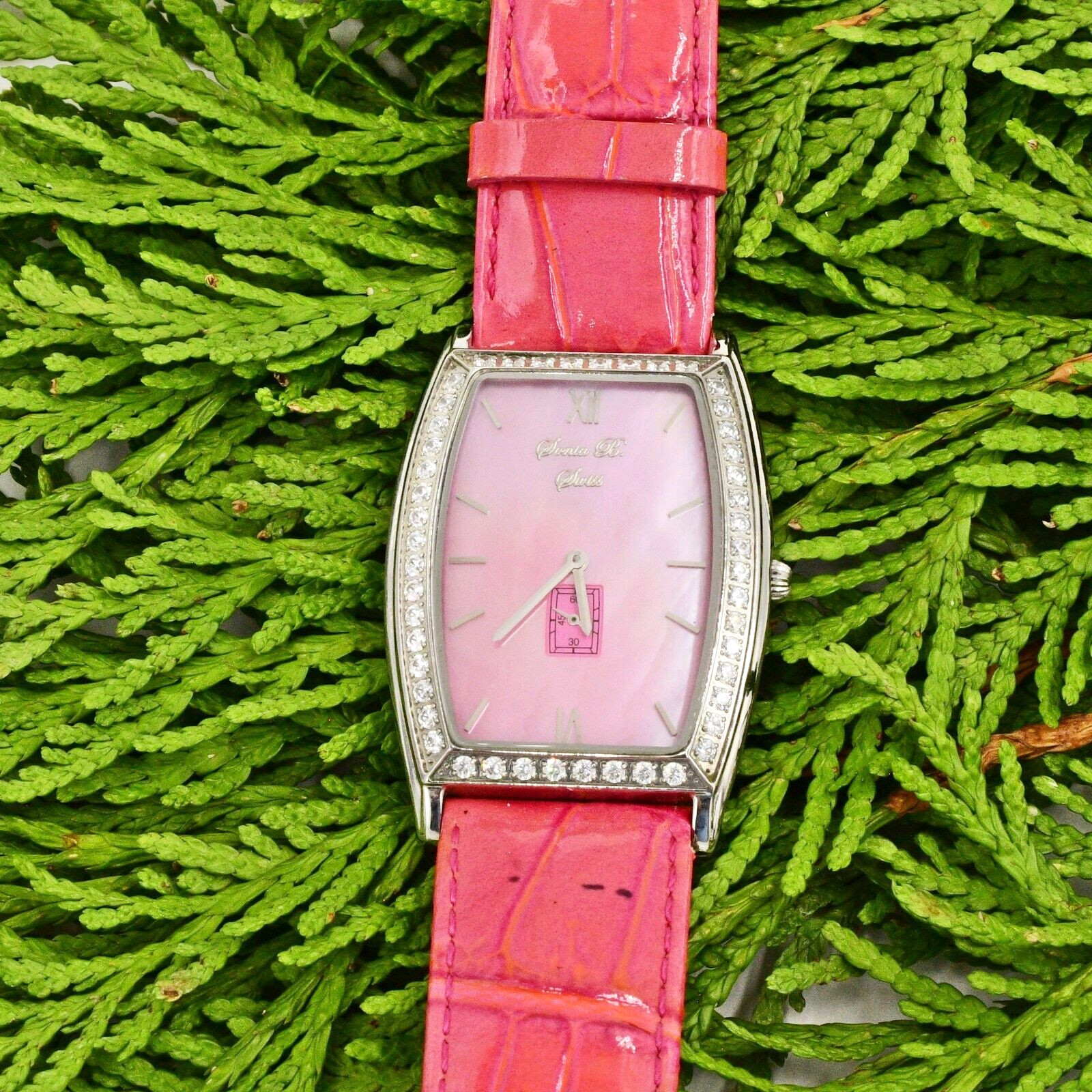 Sonia Bitton Womans Swarovski Crystals Pink Genuine Leather Strap Wristwatch