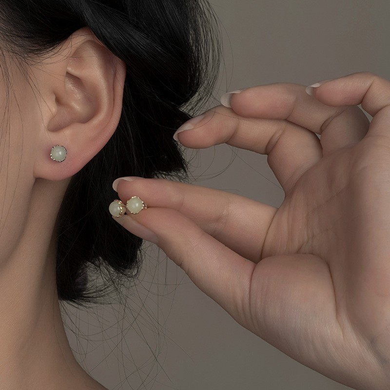 Hetian Jade Stud Earrings | S999 Sterling Silver Posts Dainty Luck Jewelry Gifts