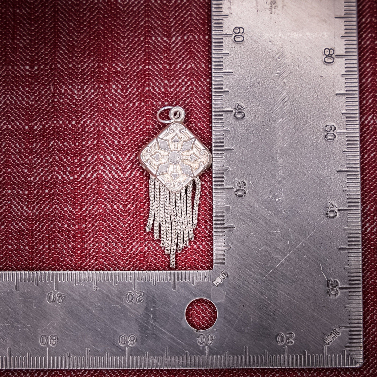 Antique French Puffy Square Tassel Charm Sterling Silver Die Struck 19th