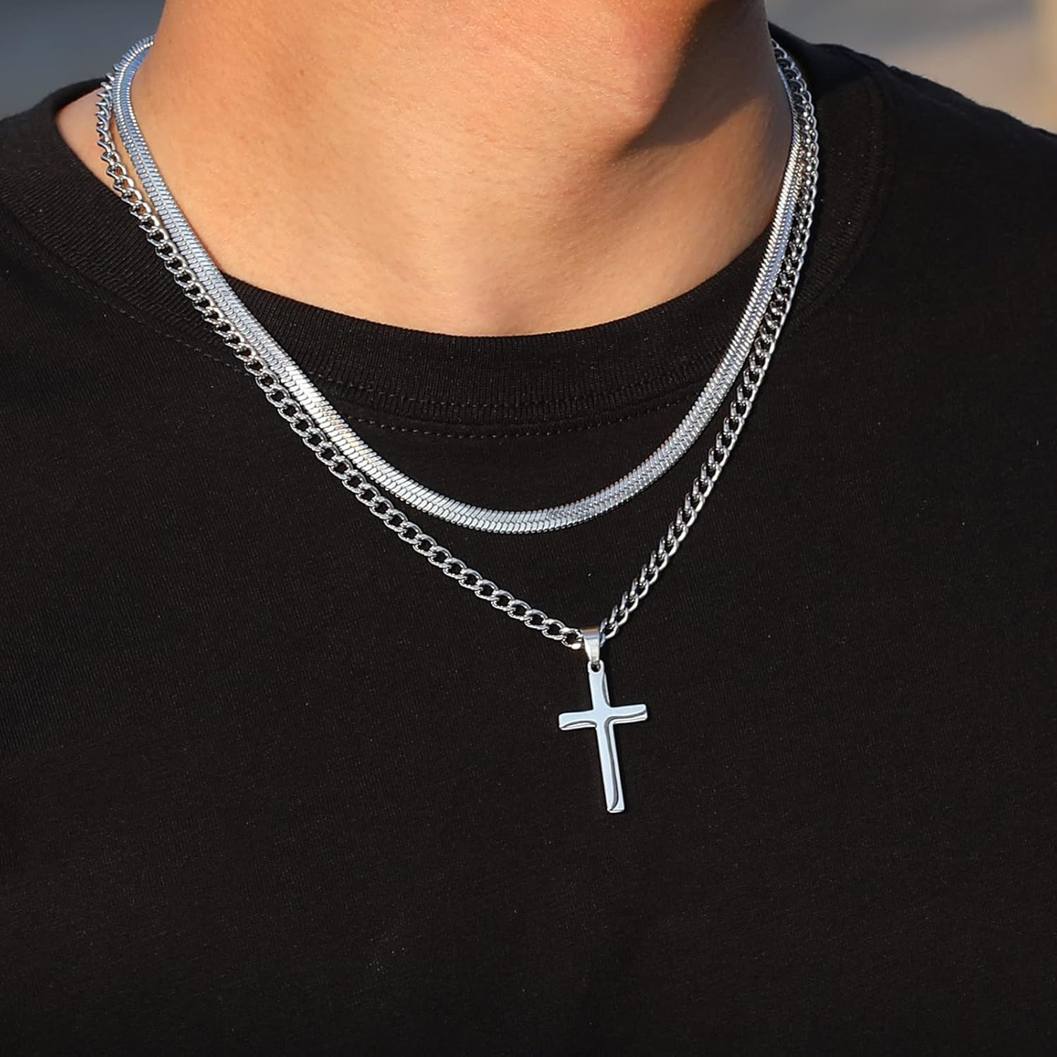 Cross Necklace for Men Boys, Stainless Steel Layered Cuban Link Herringbone Chai