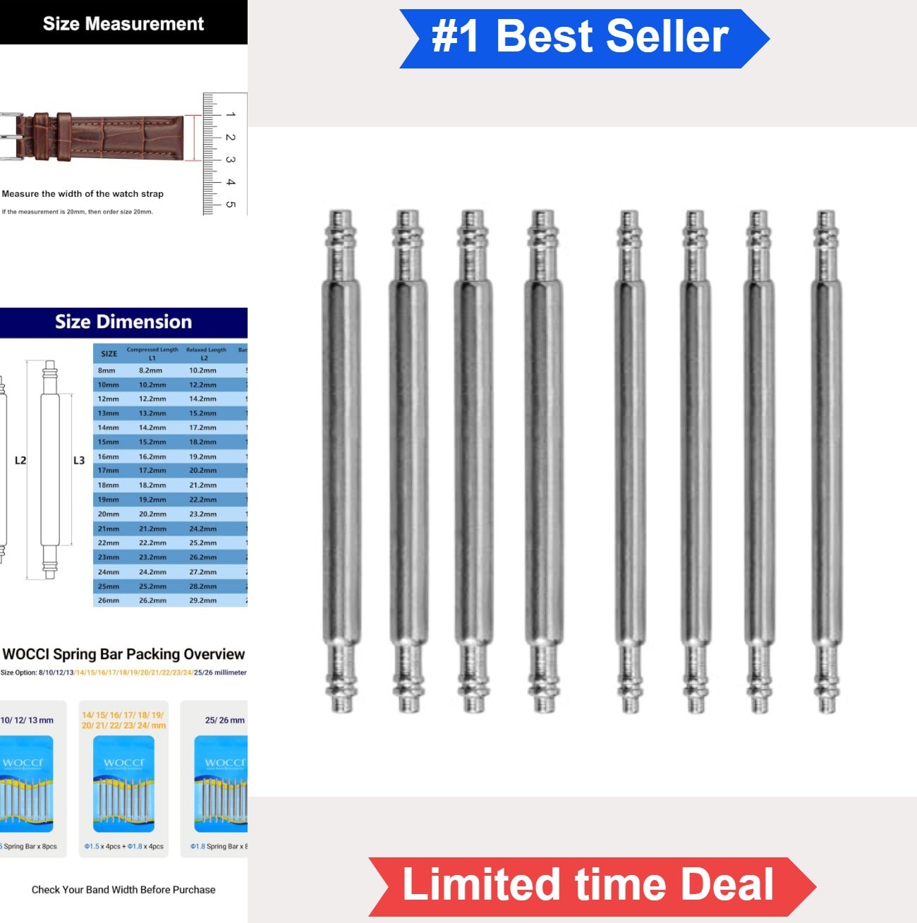 Spring Bars 15mm Watch Band Pins Stainless Steel Double Flange 1.5mm 1.8mm 8pcs