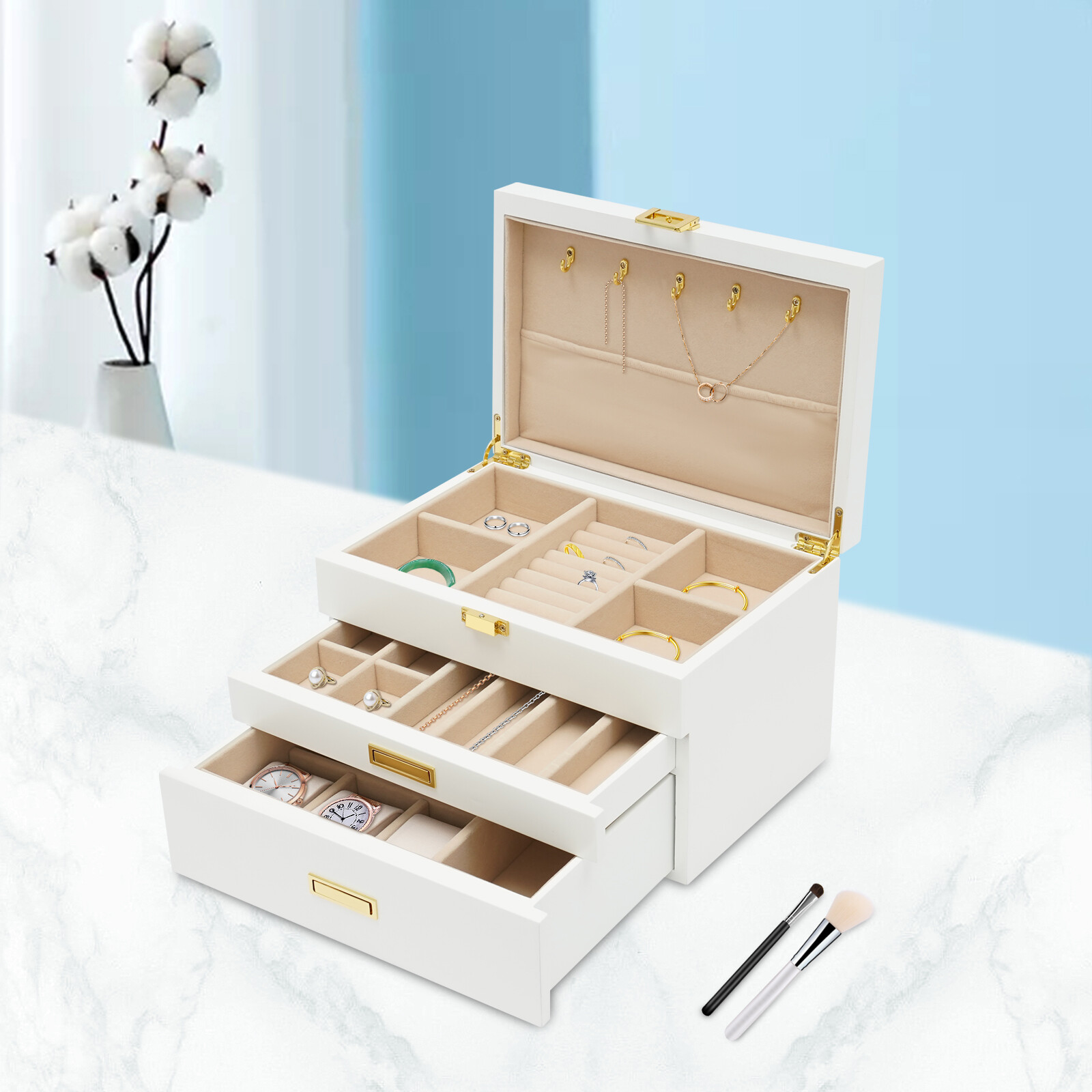 Jewelry Storage Box W/ Safe Lock 3 Layers Large Capacity Organizer with 2 Drawer