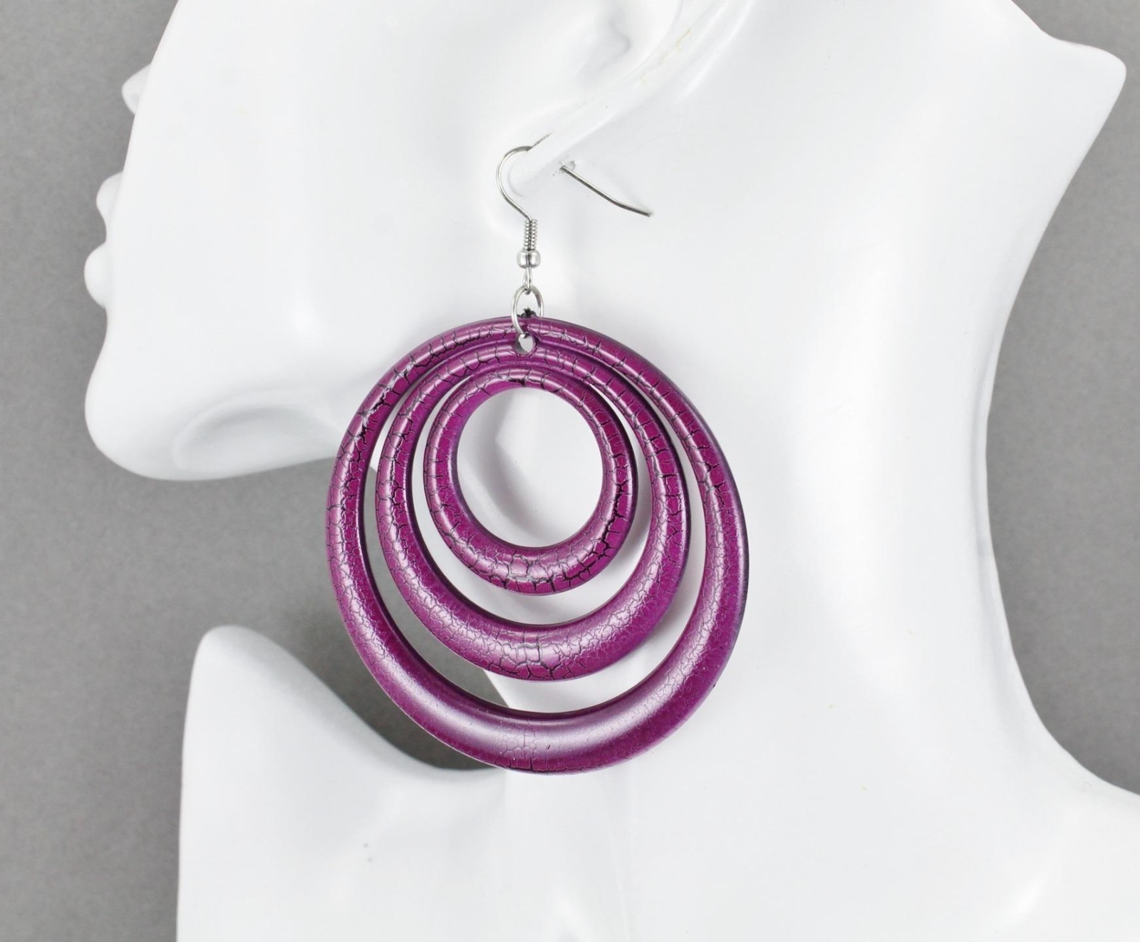 Purple Black earrings lightweight dangle round circle plastic disc 3.25″ long
