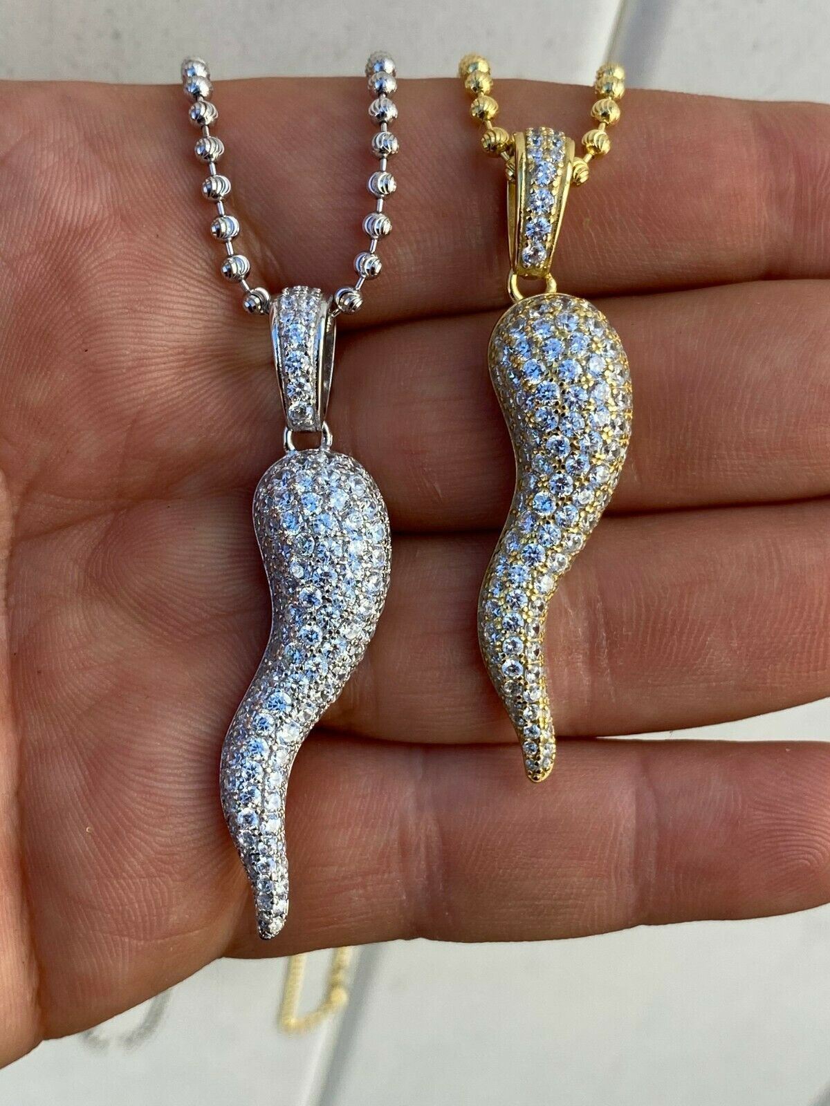 Real 925 Silver/14k Gold Plated Cornicello Italian Horn Pendant Necklace Iced CZ