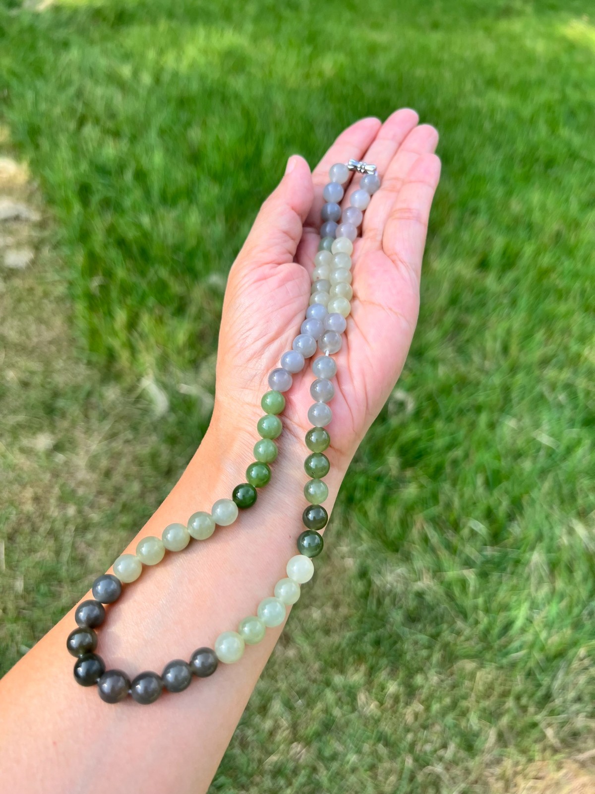 Genuine Gray Purple Green Nephrite Jade 7.8mm Bead 17″ Necklace H323 a