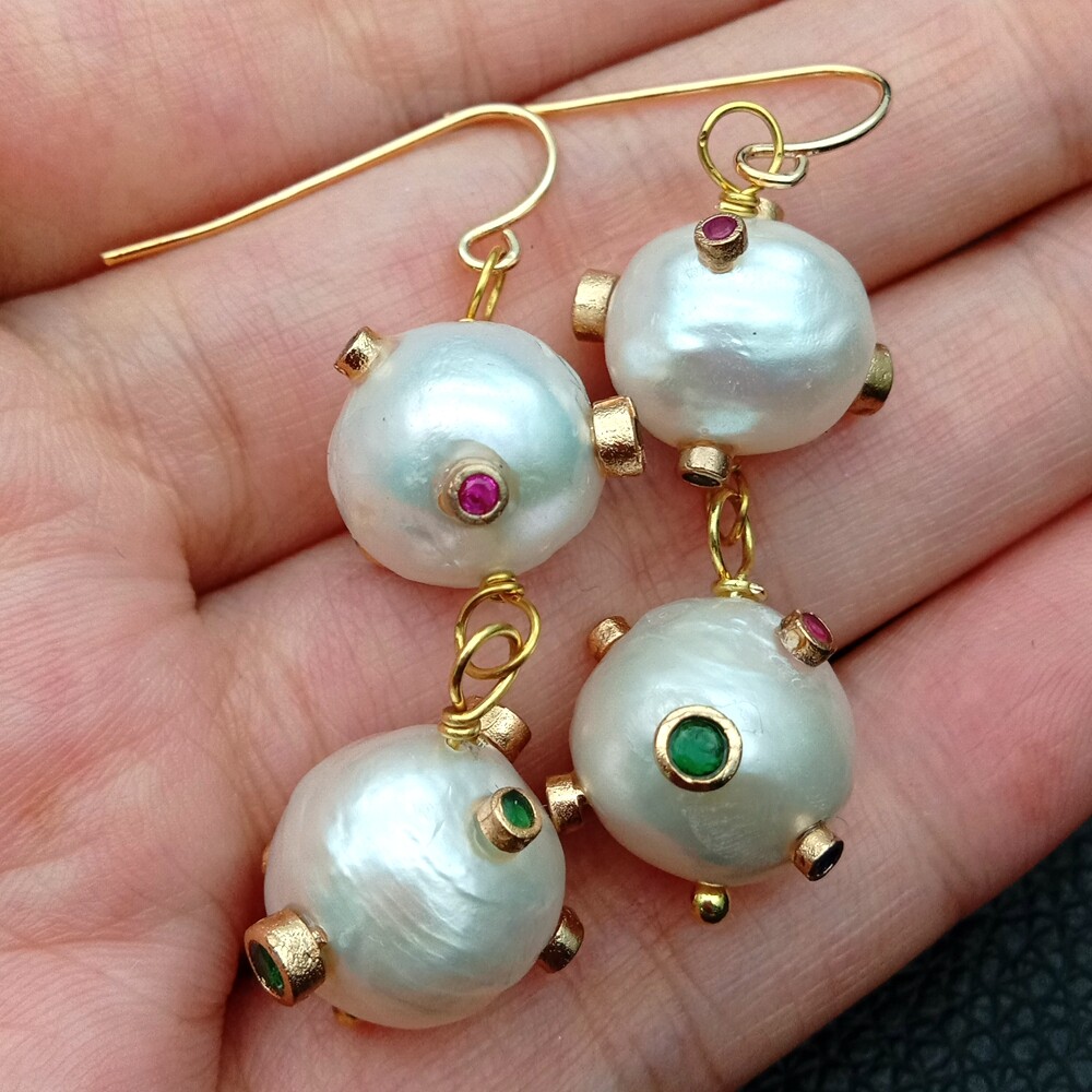 Cultured 12mm White Keshi Pearl Cz pave Gold Plated Hook Earrings