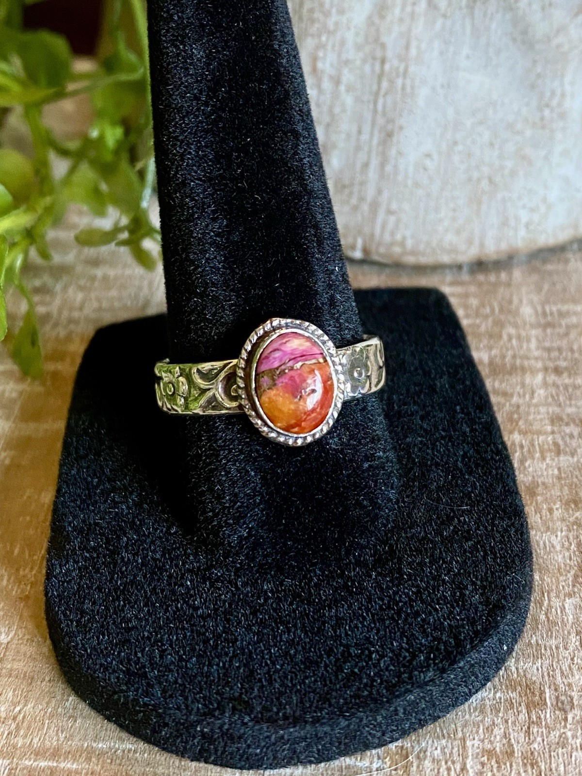 Pink Orange Spiny Oyster Shell Sterling Silver Ring Boho Southwestern Flower 8