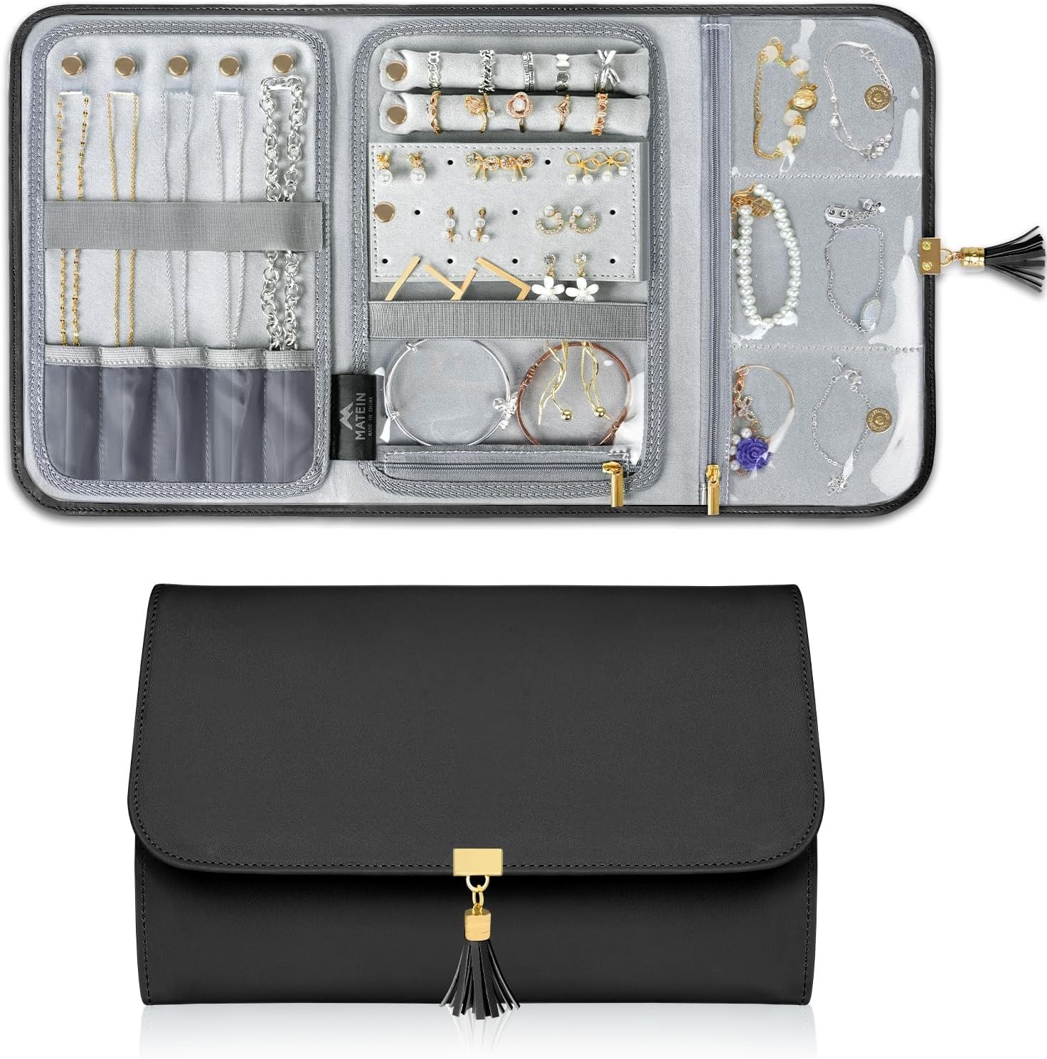 MATEIN Black Jewelry Travel Organizer – Large Vegan Leather Roll Bag with Clear