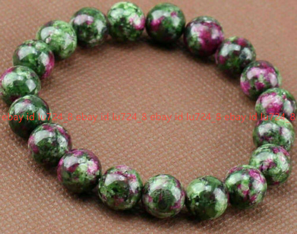 Natural 8/10/12/14mm Green Red Gems In Zoisite Round Gems Stretch Bracelet 7.5″