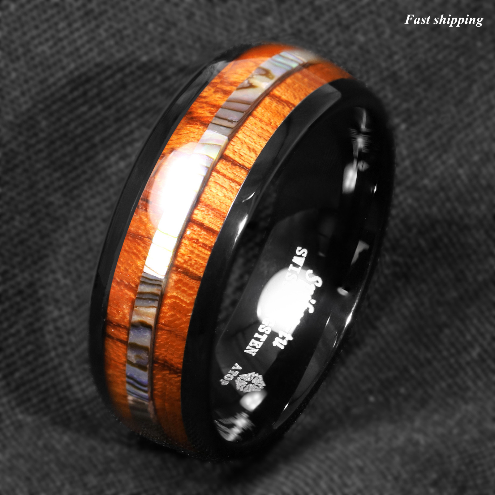 8/6mm Black Tungsten carbide ring Koa Wood ATOP Wedding Band Men Jewelry