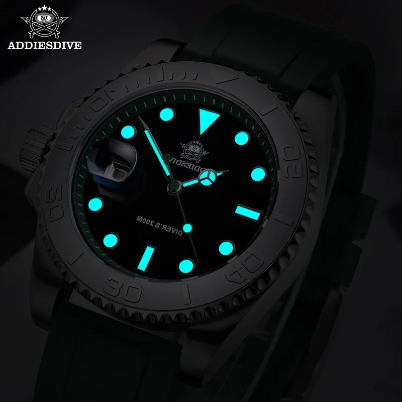 Addiesdive 41mm Quartz Dive Watch 200m Silver Stainless Steel Bezel Rubber Strap