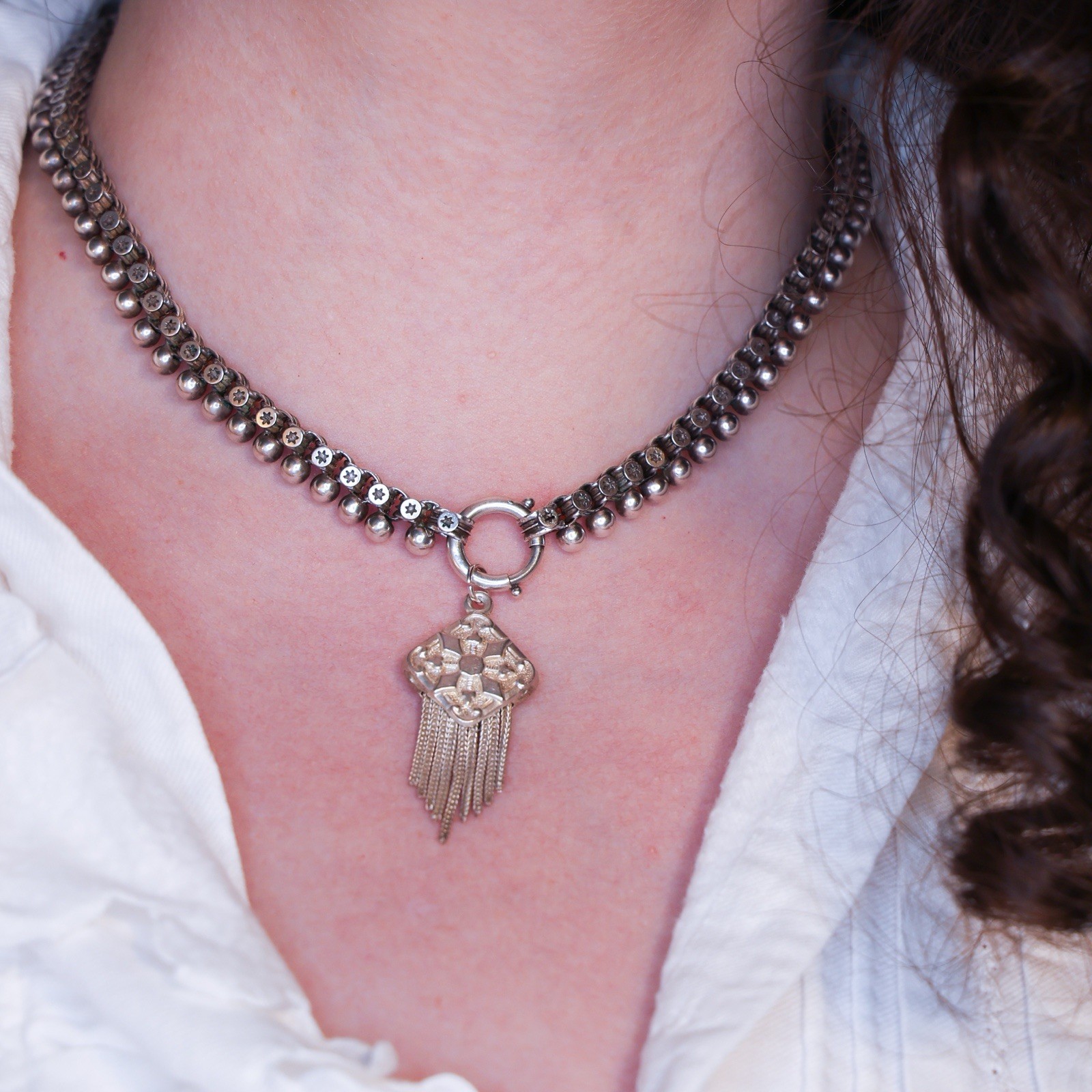 Antique French Puffy Square Tassel Charm Sterling Silver Die Struck 19th