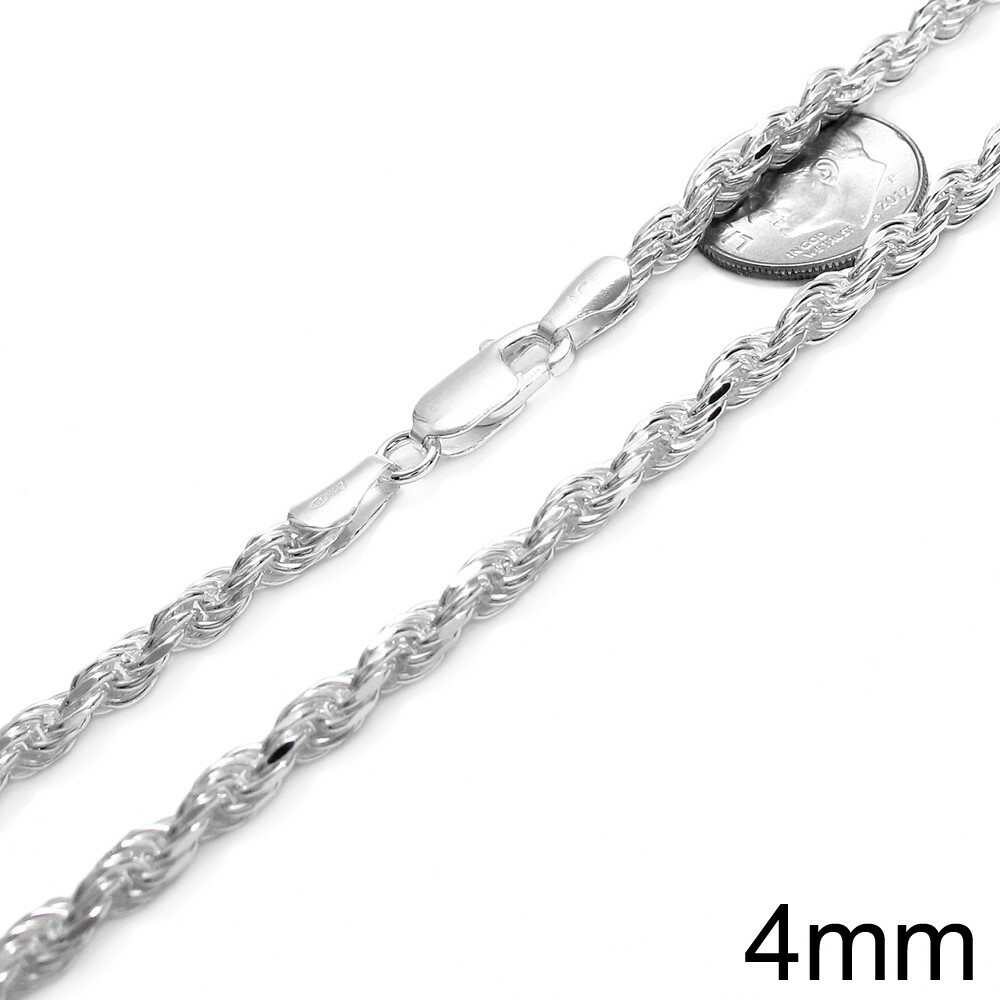 925 Sterling Silver Dia-Cut Rope Chain Necklace w Lobster Lock-Stamped 925 Italy