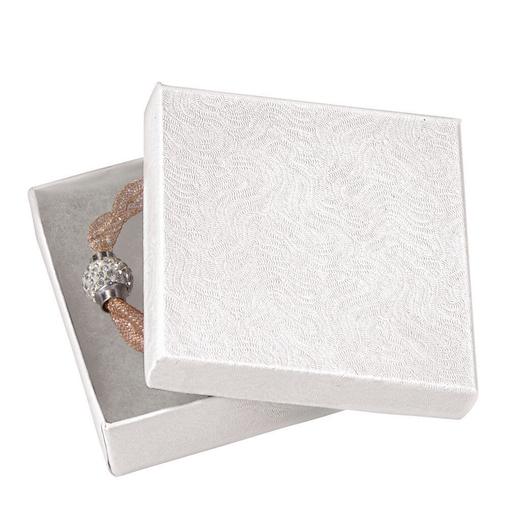 Jewelry Boxes 100 Swirl White Cotton Filled Gift 3 ½” X 3 ½ x 1″ Embossed Lidded