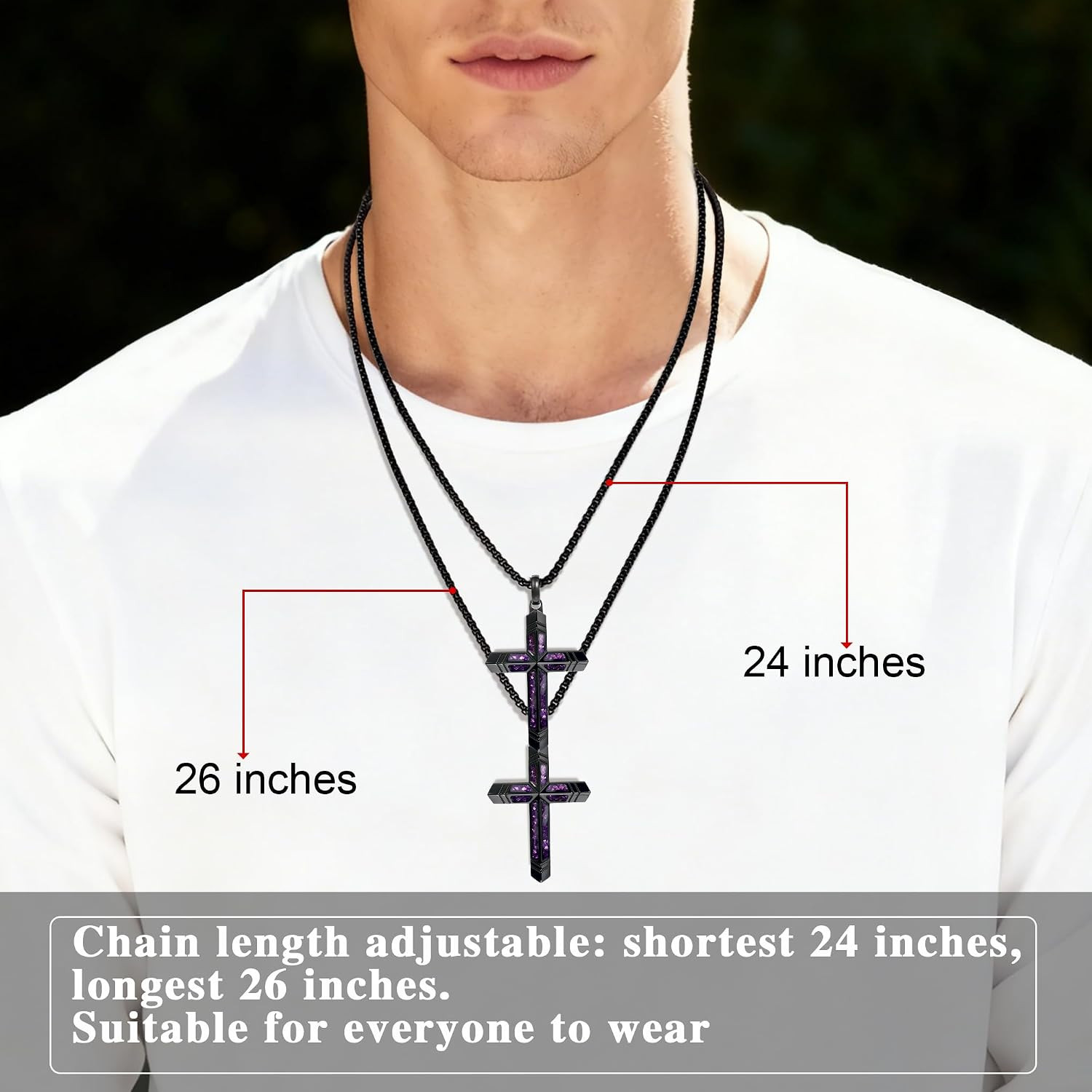 Amethyst Cross Necklace for Men with Adjustable Box Chain for Everyday Wear Chri