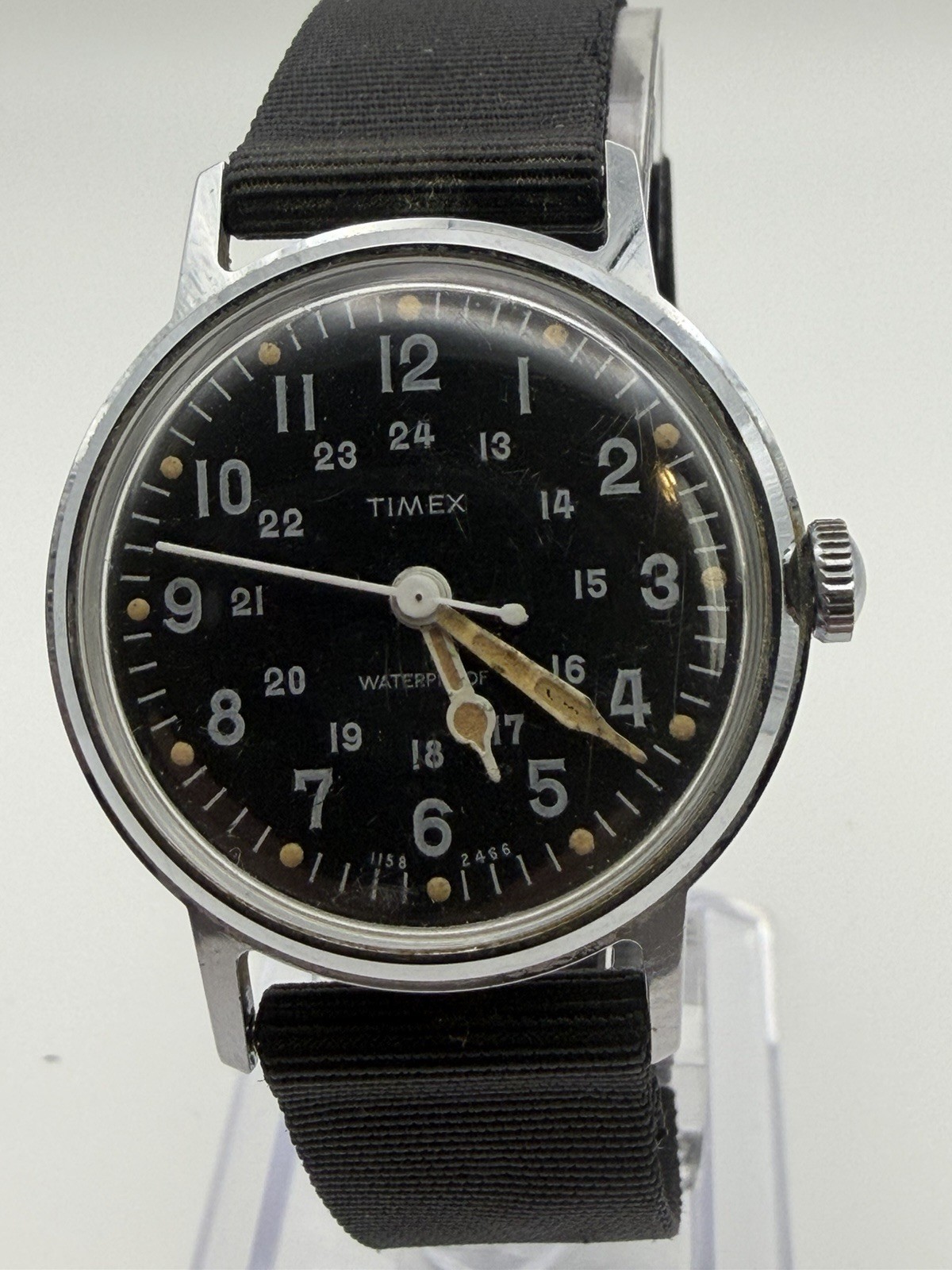 1966 Vintage Timex Military Field Watch 30.5mm Hand Wind Black Dial Runs NATO