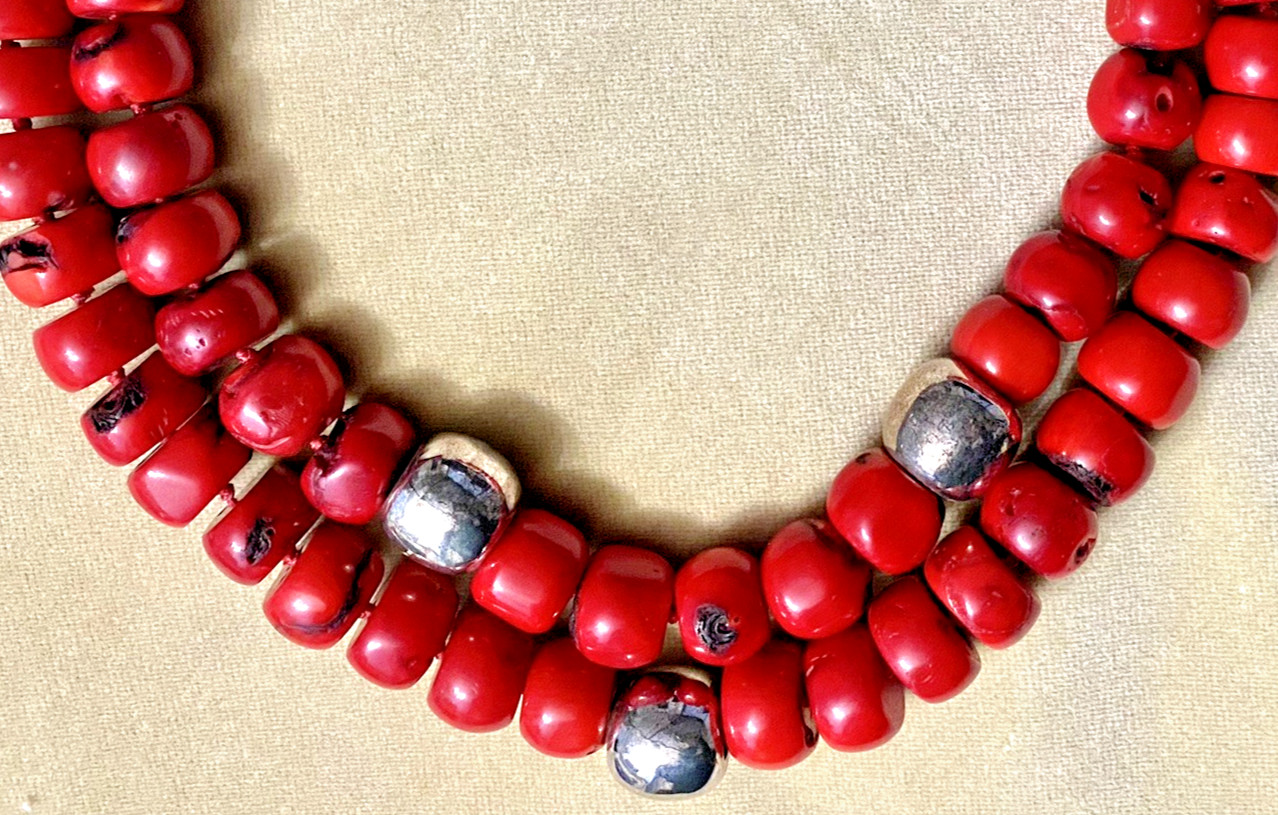 Auth. RED BAMBOO CORAL Necklace Heavy Bead Sterling 925 Clasp 2 Strand 17″ Long