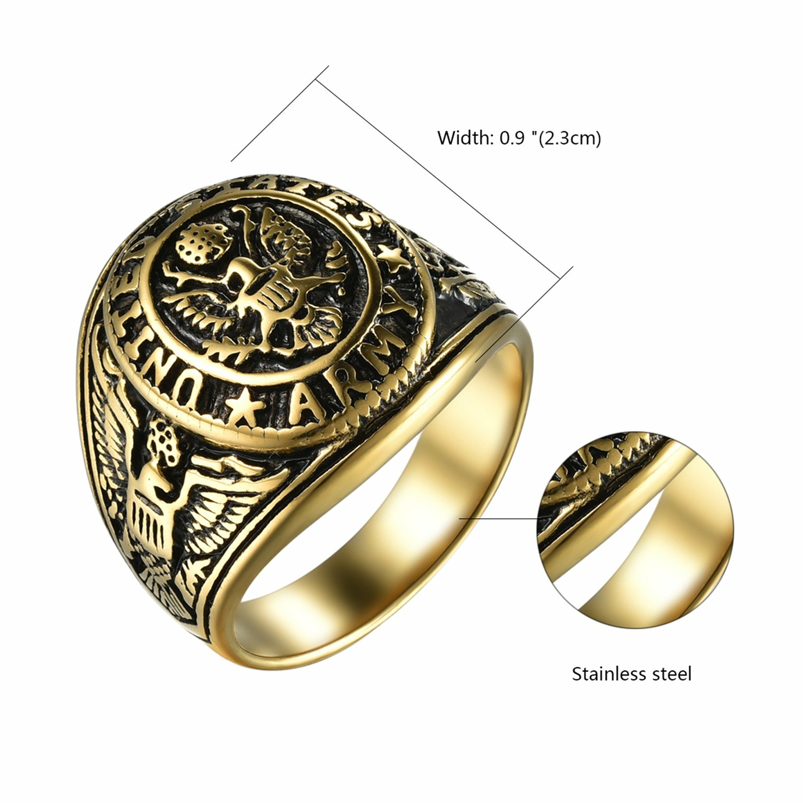 Stainless Steel Gold Plated Eagle US Army Ring Army Seal Biker Band for Men