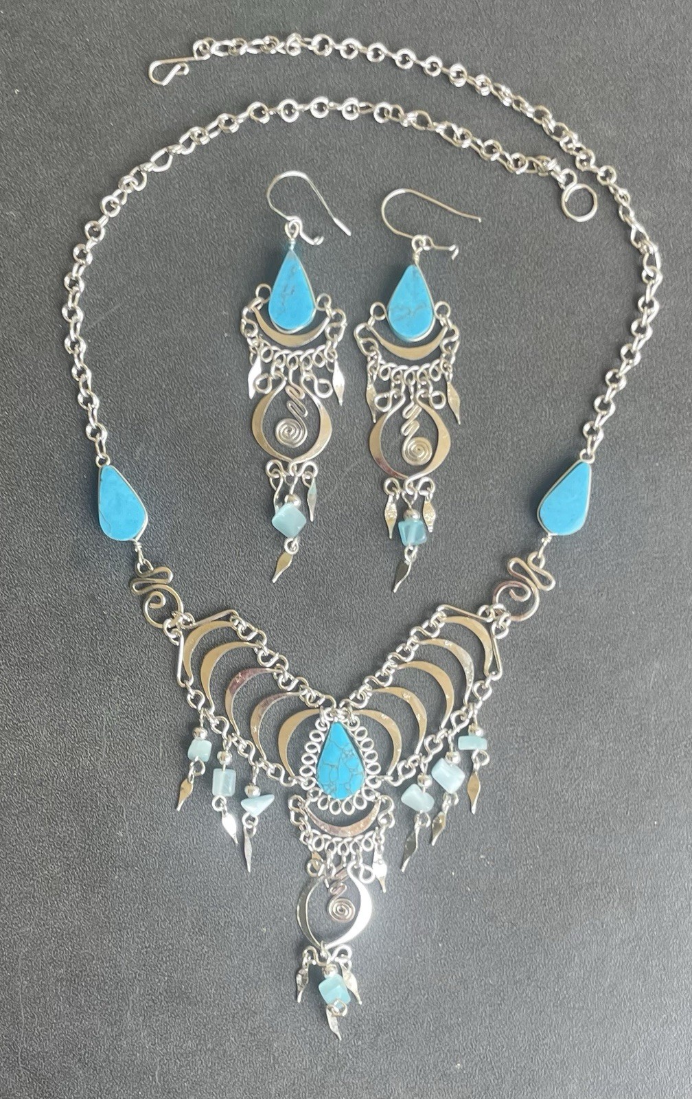 Peruvian Blue Turquoise Semi-Precious Stone Necklace Long Earrings Set Boho Peru