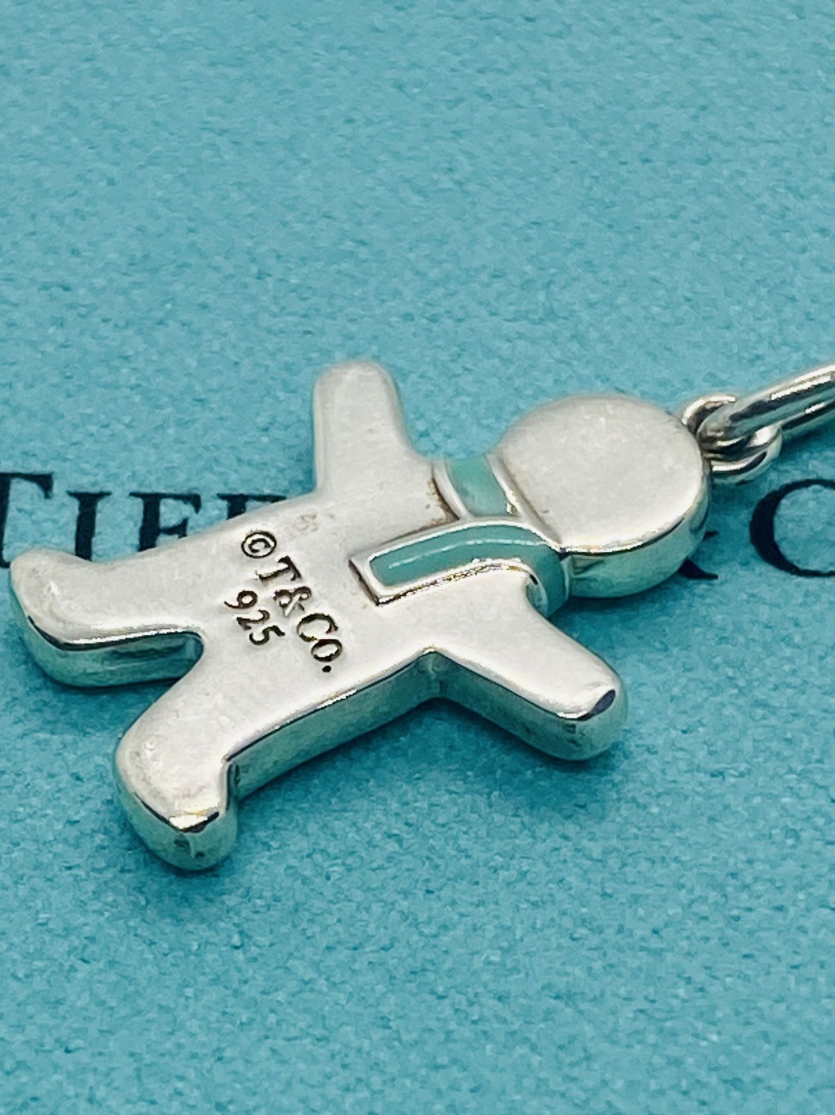 Tiffany & Co Gingerbread Man Pendant Charm Blue Enamel Sterling Silver 925