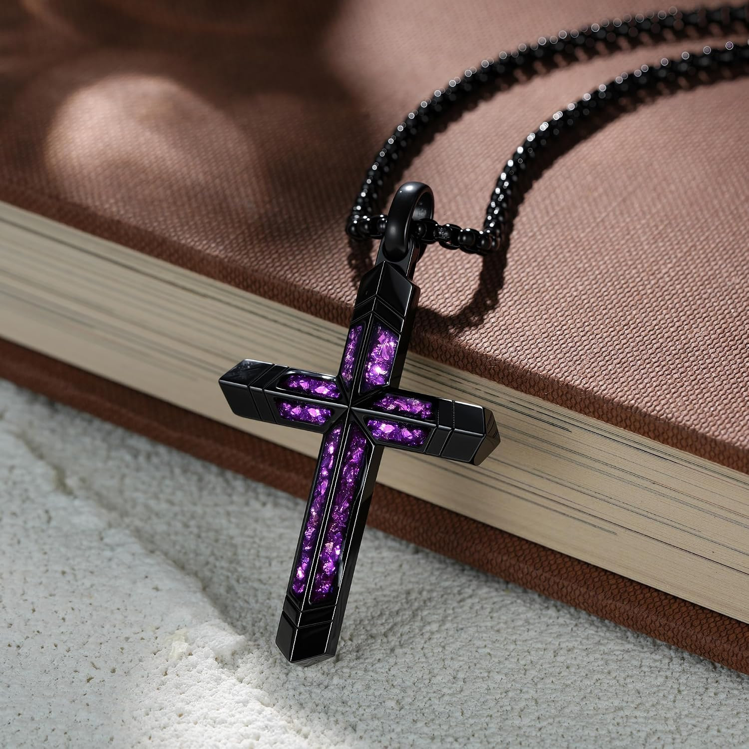 Amethyst Cross Necklace for Men with Adjustable Box Chain for Everyday Wear Chri
