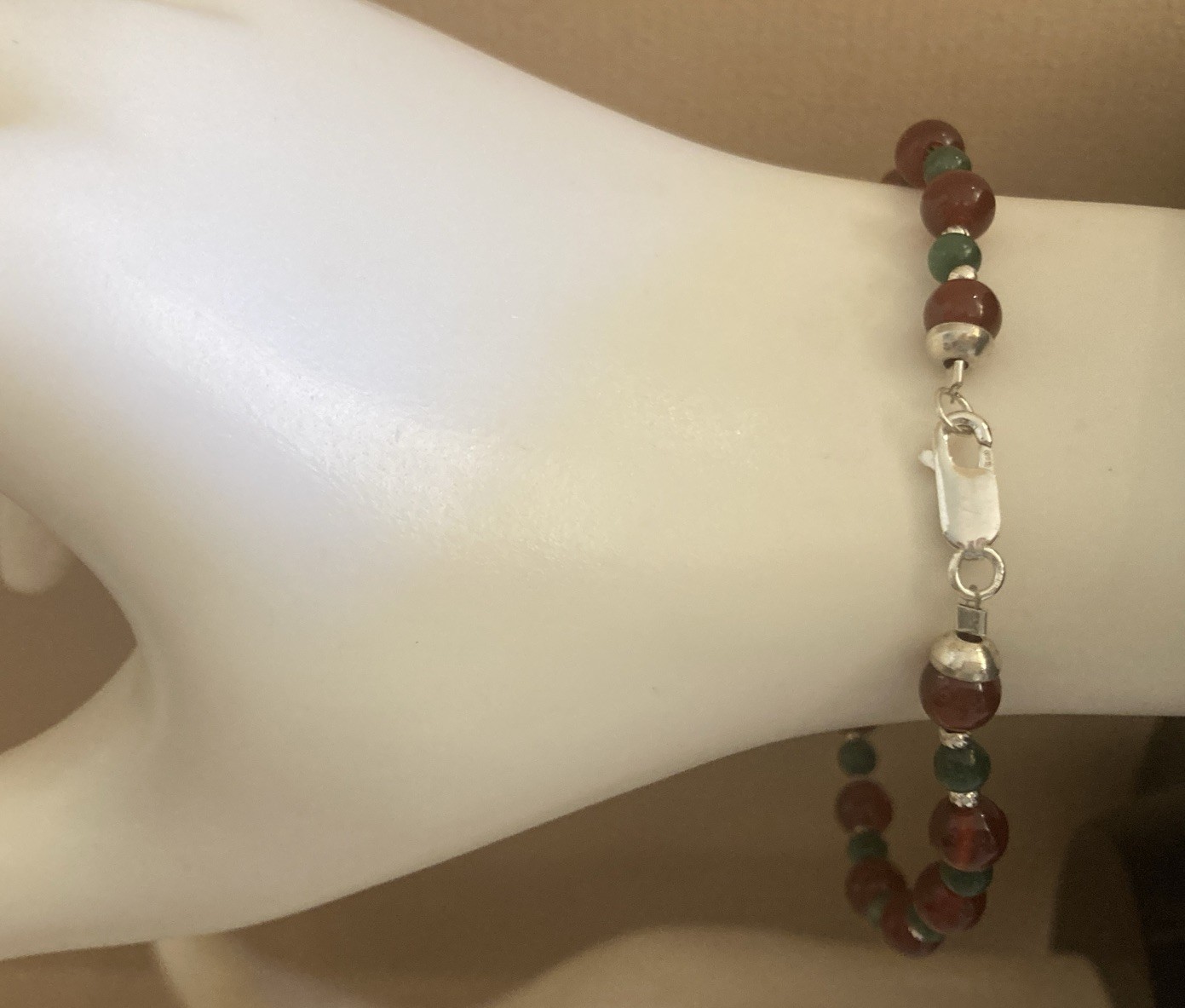 Vintage Carnelian & Jade Beaded Bracelet Sterling Silver 925 Clasp 7.5” BOHO NEW