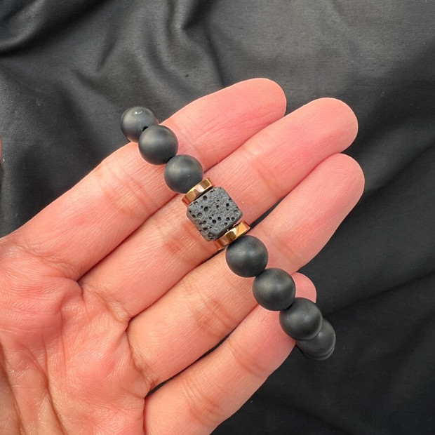 Premium Men’s Matte Black Onyx & Lava Rock Cube Bead Stretch Bracelet Healing