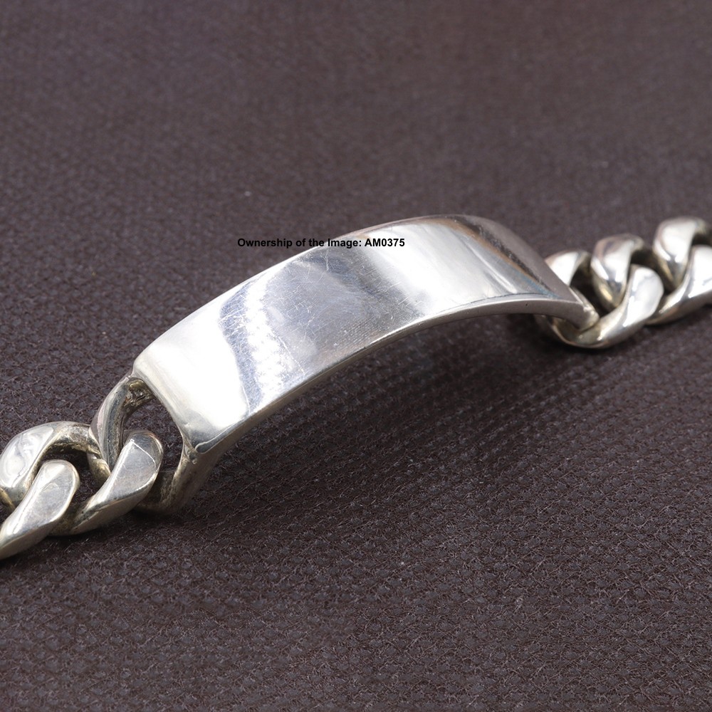 Solid 925 Sterling Silver Curb Link Bracelet W/ Plain Long Plate Bangle 7.9inch