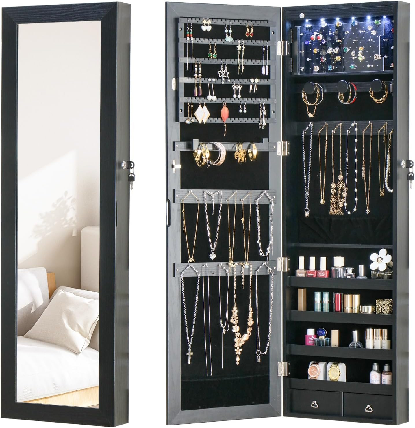 LED Jewelry Armoire with Mirror – Wall Mounted Storage Cabinet in Black