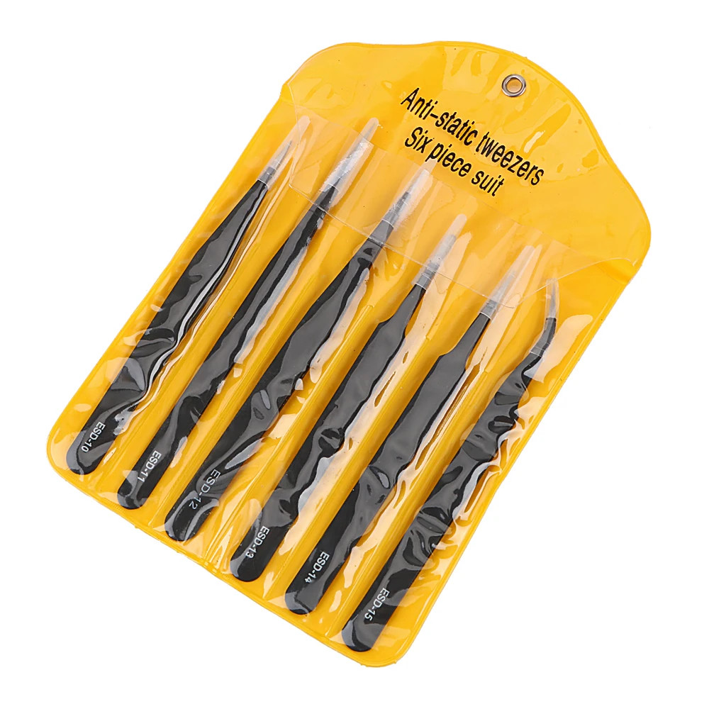 6 x ESD Precision Anti static Tweezers Set Stainless Steel Tool for Electronics