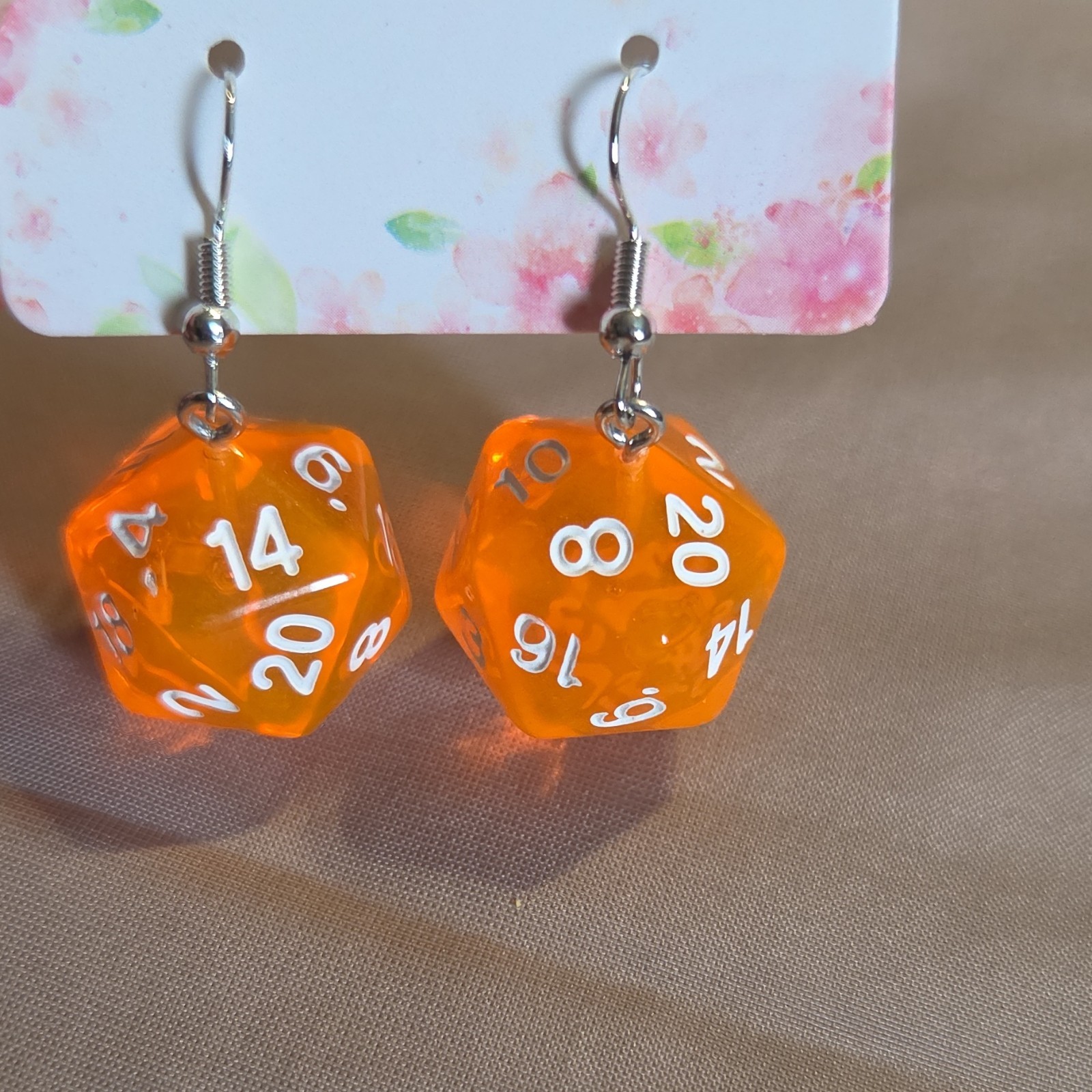 Orange Acrylic D20 Dice Dangle Drop Hook Earrings Silver Tone No Stone