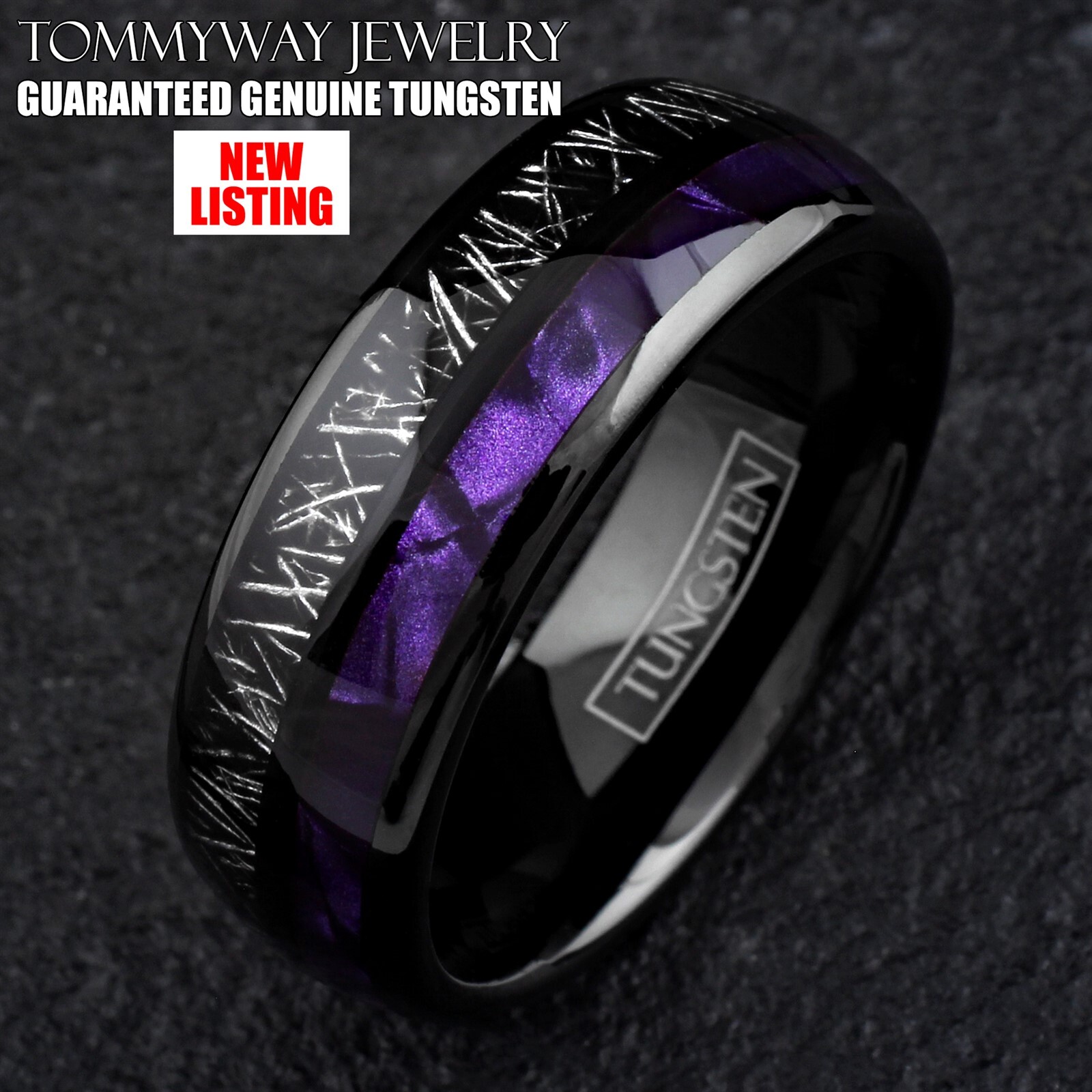 Black Tungsten Carbide Ring Purple Shell and Faux Meteorite Stripe Wedding Band