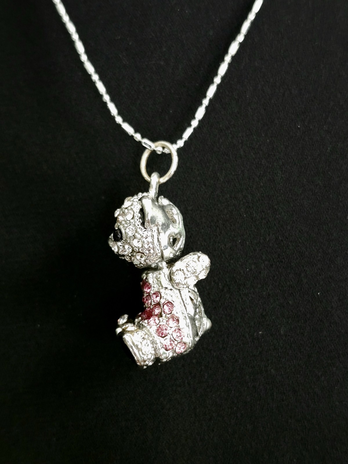 Silver Toned Teddy Bear Chrystal Pendant Necklace With Moving Head Pink White S