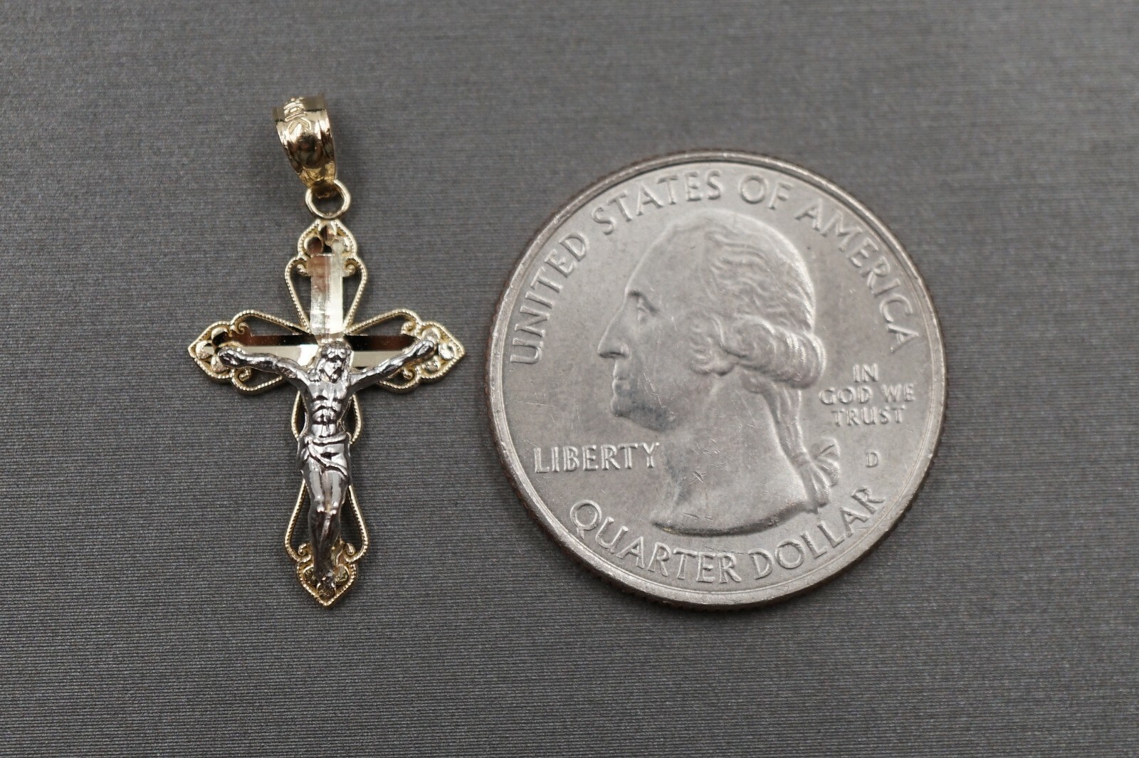 10K Solid Yellow Gold 1.05″ Diamond Cut Two Tone Crucifix Cross Charm Pendant.