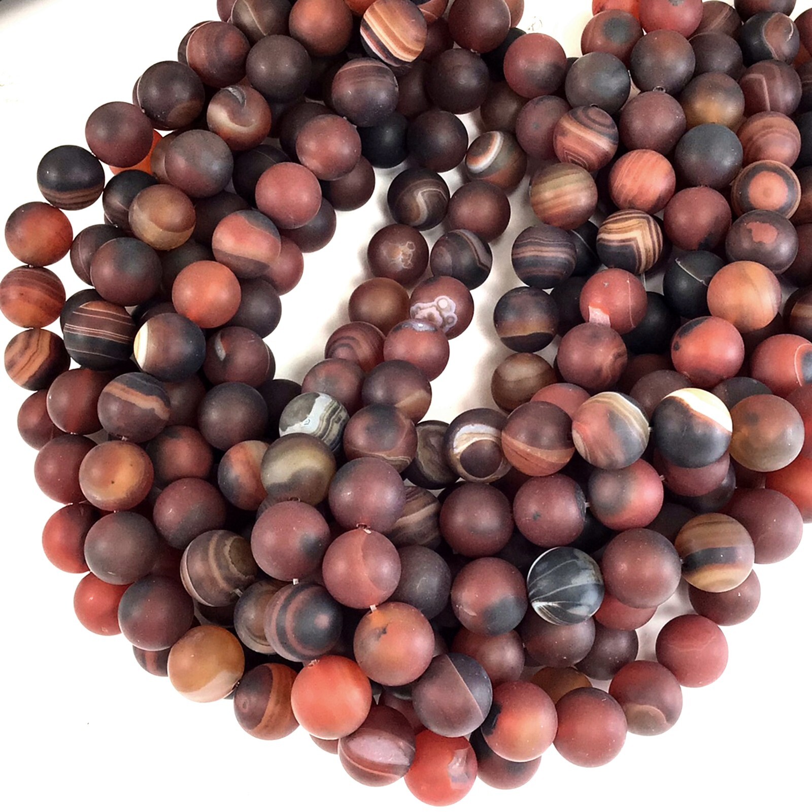 Matte Agate Brown Red Banded Lace Round Loose Beads 15″ 14mm Frost Semi Precious