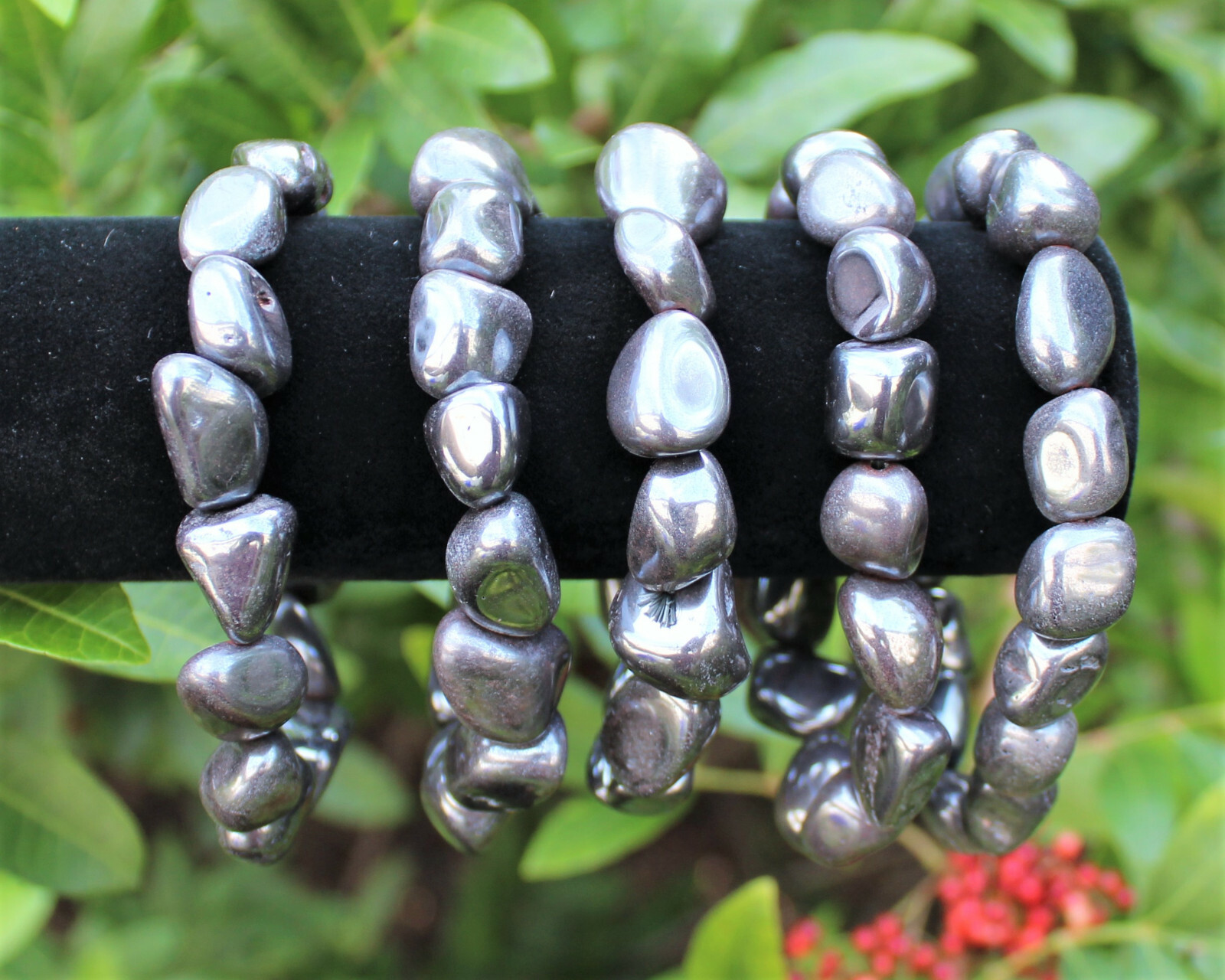 Hematite Tumbled Gemstone Bracelet 6-8 mm Nuggets (Stretch Bracelet, Gift)