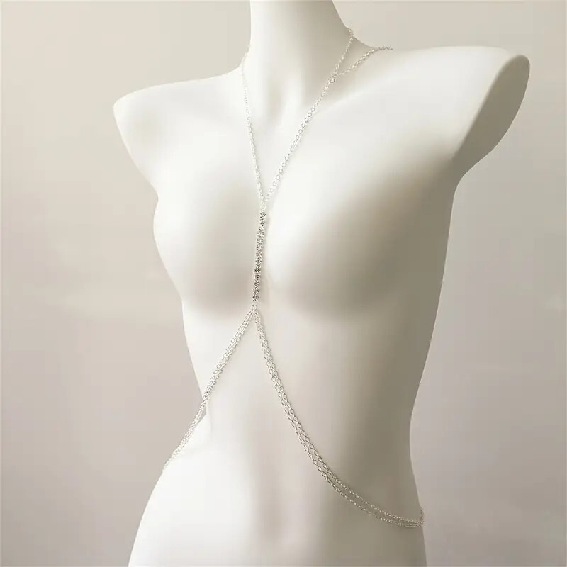 Sexy Silver Rhinestone Body Chain Necklace Crystal Bikini Jewelry for Women