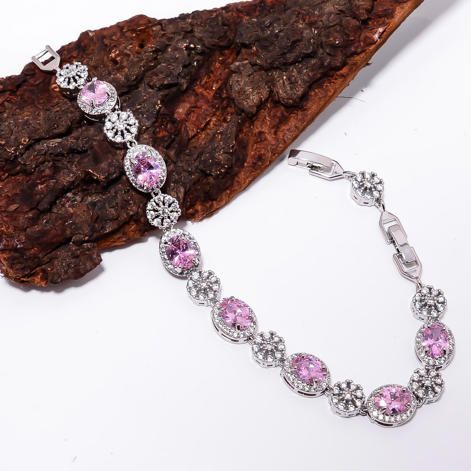 Pink Sapphire -Simulated, CZ 925 Sterling Silver Adjustable Bracelet 7-8″ B7825
